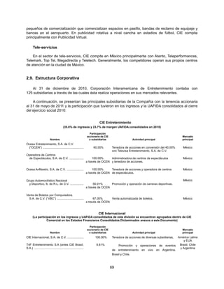 pequeños de comercialización que comercializan espacios en pasillo, bandas de reclamo de equipaje y
bancas en el aeropuerto. En publicidad rotativa a nivel cancha en estadios de fútbol, CIE compite
principalmente con Publicidad Virtual.

       Tele-servicios

    En el sector de tele-servicios, CIE compite en México principalmente con Atento, Teleperformances,
Telemark, Top Tel, Megadirecta y Teletech. Generalmente, los competidores operan sus propios centros
de atención en la ciudad de México.


2.9. Estructura Corporativa

    Al 31 de diciembre de 2010, Corporación Interamericana de Entretenimiento contaba con
125 subsidiarias a través de las cuales ésta realiza operaciones en sus mercados relevantes.

    A continuación, se presentan las principales subsidiarias de la Compañía con la tenencia accionaria
al 31 de mayo de 2011 y la participación que tuvieron en los ingresos y la UAFIDA consolidados al cierre
del ejercicio social 2010:


                                                                             CIE Entretenimiento
                                         (35.6% de ingresos y 23.7% de margen UAFIDA consolidados en 2010)

                                                                      Participación
                                                                    accionaría de CIE                                                     Mercado
                          Nombre                                     o subsidiarias                     Actividad principal               principal
Ocesa Entretenimiento, S.A. de C.V.
 ("OCEN”) .................................................              60.00%          Tenedora de acciones en conversión del 40.00%    México
                                                                                         con Televisa Entretenimiento, S.A. de C.V.
Operadora de Centros
 de Espectáculos, S.A. de C.V. .................                         100.00%     Administradora de centros de espectáculos            México
                                                                    a través de OCEN y tenedora de acciones.

Ocesa Anfiteatro, S.A. de C.V. ....................                      100.00%     Tenedora de acciones y operadora de centros          México
                                                                    a través de OCEN de espectáculos.

Grupo Automovilístico Nacional                                                                                                            México
  y Deportivo, S. de R.L. de C.V. ................                        50.01%     Promoción y operación de carreras deportivas.
                                                                    a través de OCEN

Venta de Boletos por Computadora,
  S.A. de C.V. (“VBC”) ................................                   67.00%     Venta automatizada de boletos.                       México
                                                                    a través de OCEN


                                                                             CIE Internacional
       (La participación en los ingresos y UAFIDA consolidados de esta división se encuentran agrupados dentro de CIE
                  Comercial en los Estados Financieros Consolidados Dictaminados anexos a este Documento)

                                                                      Participación
                                                                    accionaría de CIE                                                     Mercado
                          Nombre                                     o subsidiarias                     Actividad principal               principal
CIE Internacional, S.A. de C.V. ...................                       100.00%                                                 América Latina
                                                                                         Tenedora de acciones de diversas subsidiarias,
                                                                                                                                      y EUA
T4F Entretenimiento S.A (antes CIE Brasil,                                 9.81%              Promoción y operaciones de eventos Brasil, Chile
S.A.) ...........................................................                                                                  y Argentina
                                                                                         de entretenimiento en vivo en Argentina,
                                                                                         Brasil y Chile.



                                                                                        69
 