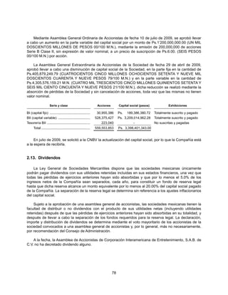 Mediante Asamblea General Ordinaria de Accionistas de fecha 10 de julio de 2009, se aprobó llevar
a cabo un aumento en la parte variable del capital social por un monto de Ps.1’200,000,000.00 (UN MIL
DOSCIENTOS MILLONES DE PESOS 00/100 M.N.), mediante la emisión de 200,000,000 de acciones
Serie B Clase II, sin expresión de valor nominal, a un precio de suscripción de Ps.6.00. (SEIS PESOS
00/100 M.N.) por acción.

    La Asamblea General Extraordinaria de Accionistas de la Sociedad de fecha 29 de abril de 2009,
aprobó llevar a cabo una disminución de capital social de la Sociedad, en la parte fija en la cantidad de
Ps.405,879,249.79 (CUATROCIENTOS CINCO MILLONES OCHOCIENTOS SETENTA Y NUEVE MIL
DOSCIENTOS CUARENTA Y NUEVE PESOS 79/100 M.N.) y en la parte variable en la cantidad de
Ps.4,305,576,159.21 M.N. (CUATRO MIL TRESCIENTOS CINCO MILLONES QUINIENTOS SETENTA Y
SEIS MIL CIENTO CINCUENTA Y NUEVE PESOS 21/100 M.N.), dicha reducción se realizó mediante la
absorción de pérdidas de la Sociedad y sin cancelación de acciones, toda vez que las mismas no tienen
valor nominal.

                      Serie y clase                                 Acciones        Capital social (pesos)            Exhibiciones

BI (capital fijo) ...........................................       30,955,386      Ps. 189,386,380.72       Totalmente suscrito y pagado
BII (capital variable) ..................................          528,375,427      Ps. 3,209,014,962.28     Totalmente suscrito y pagado
Tesorería BII ..............................................           223,040                -              No suscritas y pagadas
      Total ....................................................   559,553,853      Ps. 3,398,401,343.00


     En julio de 2009, se solicitó a la CNBV la actualización del capital social, por lo que la Compañía está
a la espera de recibirla.


2.13. Dividendos

    La Ley General de Sociedades Mercantiles dispone que las sociedades mexicanas únicamente
podrán pagar dividendos con sus utilidades retenidas incluidas en sus estados financieros, una vez que
todas las pérdidas de ejercicios anteriores hayan sido absorbidas y que por lo menos el 5.0% de los
ingresos netos de la Compañía sean separados, cada año, para constituir un fondo de reserva legal
hasta que dicha reserva alcance un monto equivalente por lo menos al 20.00% del capital social pagado
de la Compañía. La separación de la reserva legal se determina sin referencia a los ajustes inflacionarios
del capital social.

    Sujeto a la aprobación de una asamblea general de accionistas, las sociedades mexicanas tienen la
facultad de distribuir o no dividendos con el producto de sus utilidades netas (incluyendo utilidades
retenidas) después de que las pérdidas de ejercicios anteriores hayan sido absorbidas en su totalidad, y
después de llevar a cabo la separación de los fondos requeridos para la reserva legal. La declaración,
importe y distribución de dividendos se determina mediante el voto mayoritario de los accionistas de la
sociedad convocados a una asamblea general de accionistas y, por lo general, más no necesariamente,
por recomendación del Consejo de Administración.

    A la fecha, la Asamblea de Accionistas de Corporación Interamericana de Entretenimiento, S.A.B. de
C.V. no ha decretado dividendo alguno.




                                                                               78
 