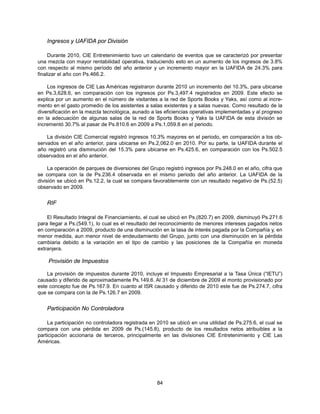 Ingresos y UAFIDA por División

     Durante 2010, CIE Entretenimiento tuvo un calendario de eventos que se caracterizó por presentar
una mezcla con mayor rentabilidad operativa, traduciendo esto en un aumento de los ingresos de 3.8%
con respecto al mismo período del año anterior y un incremento mayor en la UAFIDA de 24.3% para
finalizar el año con Ps.466.2.

    Los ingresos de CIE Las Américas registraron durante 2010 un incremento del 10.3%, para ubicarse
en Ps.3,628.6, en comparación con los ingresos por Ps.3,497.4 registrados en 2009. Este efecto se
explica por un aumento en el número de visitantes a la red de Sports Books y Yaks, así como al incre-
mento en el gasto promedio de los asistentes a salas existentes y a salas nuevas. Como resultado de la
diversificación en la mezcla tecnológica, aunado a las eficiencias operativas implementadas y al progreso
en la adecuación de algunas salas de la red de Sports Books y Yaks la UAFIDA de esta división se
incrementó 30.7% al pasar de Ps.810.6 en 2009 a Ps.1,059.8 en el periodo.

    La división CIE Comercial registró ingresos 10.3% mayores en el periodo, en comparación a los ob-
servados en el año anterior, para ubicarse en Ps.2,062.0 en 2010. Por su parte, la UAFIDA durante el
año registró una disminución del 15.3% para ubicarse en Ps.425.6, en comparación con los Ps.502.5
observados en el año anterior.

     La operación de parques de diversiones del Grupo registró ingresos por Ps.248.0 en el año, cifra que
se compara con la de Ps.236.4 observada en el mismo periodo del año anterior. La UAFIDA de la
división se ubicó en Ps.12.2, la cual se compara favorablemente con un resultado negativo de Ps.(52.5)
observado en 2009.


    RIF

    El Resultado Integral de Financiamiento, el cual se ubicó en Ps.(820.7) en 2009, disminuyó Ps.271.6
para llegar a Ps.(549.1), lo cual es el resultado del reconocimiento de menores intereses pagados netos
en comparación a 2009, producto de una disminución en la tasa de interés pagada por la Compañía y, en
menor medida, aun menor nivel de endeudamiento del Grupo, junto con una disminución en la pérdida
cambiaria debido a la variación en el tipo de cambio y las posiciones de la Compañía en moneda
extranjera.

    Provisión de Impuestos

    La provisión de impuestos durante 2010, incluye el Impuesto Empresarial a la Tasa Única (“IETU”)
causado y diferido de aproximadamente Ps.149.6. Al 31 de diciembre de 2009 el monto provisionado por
este concepto fue de Ps.167.9. En cuanto al ISR causado y diferido de 2010 este fue de Ps.274.7, cifra
que se compara con la de Ps.126.7 en 2009.


    Participación No Controladora

    La participación no controladora registrada en 2010 se ubicó en una utilidad de Ps.275.6, el cual se
compara con una pérdida en 2009 de Ps.(145.8), producto de los resultados netos atribuibles a la
participación accionaria de terceros, principalmente en las divisiones CIE Entretenimiento y CIE Las
Américas.




                                                   84
 