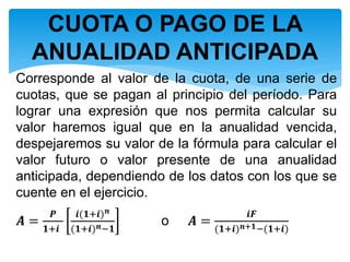 Corresponde al valor de la cuota, de una serie de
cuotas, que se pagan al principio del período. Para
lograr una expresión que nos permita calcular su
valor haremos igual que en la anualidad vencida,
despejaremos su valor de la fórmula para calcular el
valor futuro o valor presente de una anualidad
anticipada, dependiendo de los datos con los que se
cuente en el ejercicio.
𝑨 =
𝑷
𝟏+𝒊
𝒊(𝟏+𝒊) 𝒏
(𝟏+𝒊) 𝒏−𝟏
o 𝑨 =
𝒊𝑭
(𝟏+𝒊) 𝒏+𝟏−(𝟏+𝒊)
CUOTA O PAGO DE LA
ANUALIDAD ANTICIPADA
 