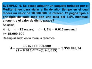 EJEMPLO: 6. Se desea adquirir un paquete turístico por el
Mediterráneo para viajar a fin de año, tiempo en el cual
tendrá un valor de 18.000.000, le ofrecen 12 pagos fijos a
principio de cada mes con una tasa del 1,5% mensual,
encuentre el valor de dicho pagos?
Solución
𝑨 =?; 𝒏 = 𝟏𝟐 𝒎𝒆𝒔𝒆𝒔; 𝒊 = 𝟏, 𝟓% = 𝟎, 𝟎𝟏𝟓 𝐦𝐞𝐧𝐬𝐮𝐚𝐥
F= 𝟏𝟖. 𝟎𝟎𝟎. 𝟎𝟎𝟎
Reemplazando en la formula tenemos:
𝑨 =
𝟎, 𝟎𝟏𝟓 ∗ 𝟏𝟖. 𝟎𝟎𝟎. 𝟎𝟎𝟎
(𝟏 + 𝟎, 𝟎𝟏𝟓) 𝟏𝟐+𝟏−(𝟏 + 𝟎, 𝟎𝟏𝟓)
= 𝟏. 𝟑𝟓𝟗. 𝟖𝟒𝟐, 𝟐𝟒
 
