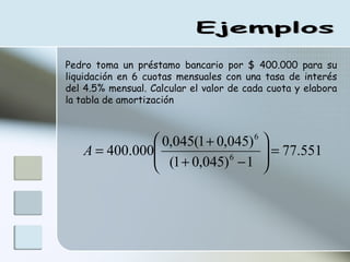 Pedro toma un préstamo bancario por $ 400.000 para su liquidación en 6 cuotas mensuales con una tasa de interés del 4.5% mensual. Calcular el valor de cada cuota y elabora la tabla de amortización  Ejemplos 