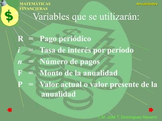 MATEMÁTICAS
FINANCIERAS
Anualidades
L.M. José T. Domínguez Navarro
R = Pago periódico
i = Tasa de interés por período
n = Número de pagos
F = Monto de la anualidad
P = Valor actual o valor presente de la
anualidad
Variables que se utilizarán:
 
