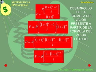 MATEMÁTICAS
FINANCIERAS
Anualidades
L.M. José T. Domínguez Navarro
 
 n
n
i
i
i
R
P






 

1
11
    n
n
i
i
i
RP






 
 1
11
     





 


i
iii
RP
nnn
111
 





 


i
i
RP
n
11
DESARROLLO
DE LA
FÓRMULA DEL
VALOR
PRESENTE A
PARTIR DE LA
FÓRMULA DEL
VALOR
FUTURO
 