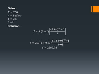 Datos:
𝑅 = 250
𝑛 = 8 𝑎ñ𝑜𝑠
𝑇 = 3%
𝑆 =?
Solución:
𝑆 = 𝑅 (1 + 𝑖)
1 + 𝑖 𝑛 − 1
𝑖
𝑆 = 250 1 + 0,03
(1 + 0,03)8
−1
0,03
𝑆 = 2289,78
 