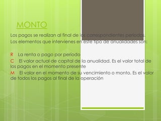 MONTO
Los pagos se realizan al final de los correspondientes periodos.
Los elementos que intervienes en este tipo de anualidades son:

R La renta o pago por período
C El valor actual de capital de la anualidad. Es el valor total de
los pagos en el momento presente
M El valor en el momento de su vencimiento o monto. Es el valor
de todos los pagos al final de la operación
 