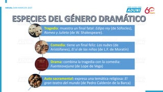Tragedia: muestra un final fatal: Edipo rey (de Sófocles),
Romeo y Julieta (de W. Shakespeare).
Comedia: tiene un final feliz: Las nubes (de
Aristófanes), El sí de las niñas (de L.F. de Moratín)
Drama: combina la tragedia con la comedia:
Fuenteovejuna (de Lope de Vega)
Auto sacramental: expresa una temática religiosa: El
gran teatro del mundo (de Pedro Calderón de la Barca)
 