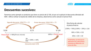 C R E E M O S E N L A E X I G E N C I A
C U R S O D E A R I T M É T I C A
Descuentos sucesivos:
Tomemos como ejemplo un producto que tiene un precio de S/ 150, al que se le aplicará el descuento ofertado del
50% + 20% al utilizar la tarjeta de crédito de la empresa, observemos como calcular el precio final.
S/ 150
S/ 75
S/ 60
Primer descuento: 50% 150 = 75
Segundo descuento: 20% 75 = 15
Precio inicial
Precio final
Descuento total: S/ 90
90
150
× 100% = 60%
80% × 50% × 150
40% × 150 = 60
= 40%(𝑃𝑟𝑒𝑐𝑖𝑜 𝑖𝑛𝑖𝑐𝑖𝑎𝑙)
Otra forma de calcular
el precio final es:
100% =
Finalmente, se nota que la
aplicación de 2 descuentos
sucesivos es diferente a la
suma de ellos.
(100% − 50%)(100% − 20%)× 150
 