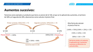 C R E E M O S E N L A E X I G E N C I A
C U R S O D E A R I T M É T I C A
Aumentos sucesivos:
Tomemos como ejemplo un producto que tiene un precio de S/ 150, al que se le aplicará dos aumentos, el primero
de 50% y el segundo de 20%, observemos como calcular el precio final.
S/ 270
S/ 225
S/ 150
Segundo aumento: 20% 225 = 45
Primer aumento: 50% 150 = 75
Precio final
Precio inicial
Aumento total: S/ 120
120
150
× 100% = 80%
180% 150 =
150% × 120% × 150
180% × 150 = 270
Otra forma de calcular
el precio final es:
= 100%
De forma similar a lo anterior,
la aplicación de 2 aumentos
sucesivos es diferente a la
suma de ellos.
(100% + 50%)(100% + 20%) × 150
 
