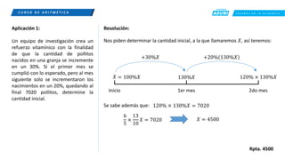 C R E E M O S E N L A E X I G E N C I A
C U R S O D E A R I T M É T I C A
Aplicación 1:
Un equipo de investigación crea un
refuerzo vitamínico con la finalidad
de que la cantidad de pollitos
nacidos en una granja se incremente
en un 30%. Si el primer mes se
cumplió con lo esperado, pero al mes
siguiente solo se incrementaron los
nacimientos en un 20%, quedando al
final 7020 pollitos, determine la
cantidad inicial.
Resolución:
Rpta. 4500
Nos piden determinar la cantidad inicial, a la que llamaremos 𝑋, así tenemos:
1er mes 2do mes
𝑋
Inicio
= 100%𝑋
+30%𝑋
130%𝑋
+20% 130%𝑋
120% × 130%𝑋
Se sabe además que:
6
5
×
13
10
𝑋 = 7020 𝑋 = 4500
= 7020
130%𝑋
120% ×
 