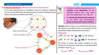 C R E E M O S E N L A E X I G E N C I A
C U R S O D E Q U í M I C A
2.3 ENLACE METÁLICO
Es la unión eléctrica que se establece entre los cationes metálicos
con el mar de electrones de valencia que se mueven libremente por
toda la estructura cristalina del metal.
(Modelo del mar de electrones)
⨁ ⨁ ⨁
⨁ ⨁ ⨁
⊝
⊝
⊝
⊝
⊝
⊝
⊝
⊝
⊝
⊝
⊝
⊝
⊝
⊝
⊝
⊝
⊝
⊝
⊝
⊝
⊝
⊝
⊝
⊝
Catión metálico (Cu2+)
Mar de electrones
𝐂𝒖𝟐+
𝐂𝒖𝟐+
𝐂𝒖𝟐+
⊝
⊝
Enlace metálico
• El enlace metálico se presenta en los
metales y sus aleaciones, así por
ejemplo: bronce (Cu + Sn), latón
(Cu+ Zn), alpaca (Cu + Zn + Ni), etc.
• El número de electrones de valencia
es un factor que directamente
afecta la fuerza del enlace metálico.
Ejemplo: Solo en base a la cantidad de electrones
de valencia ¿el sodio (Z=11) o el aluminio (Z=13)
presentará mayor temperatura de fusión?
Resolución:
11Na : 1s2 2s2 2p6 3s1
13Al : 1s2 2s2 2p6 3s2 3p1
1 e- de valencia
3 e- de valencia
Por tanto, la fuerza del enlace metálico es más
intensa en el aluminio, razón por la cual presentará
también mayor Tfusión.
𝑻𝒇(𝒔𝒐𝒅𝒊𝒐)= 98°C 𝑻𝒇(𝒂𝒍𝒖𝒎𝒊𝒏𝒊𝒐)= 660°C
 