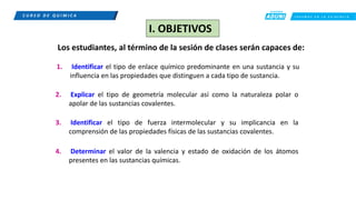 C R E E M O S E N L A E X I G E N C I A
C U R S O D E Q U í M I C A
4. Determinar el valor de la valencia y estado de oxidación de los átomos
presentes en las sustancias químicas.
I. OBJETIVOS
Los estudiantes, al término de la sesión de clases serán capaces de:
1. Identificar el tipo de enlace químico predominante en una sustancia y su
influencia en las propiedades que distinguen a cada tipo de sustancia.
2. Explicar el tipo de geometría molecular así como la naturaleza polar o
apolar de las sustancias covalentes.
3. Identificar el tipo de fuerza intermolecular y su implicancia en la
comprensión de las propiedades físicas de las sustancias covalentes.
 