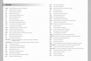 NTEP	 Nexo Técnico Epidemiológico
NBR	 Norma Brasileira Registrada
NIOSH	 National Institute for Occupational Safety and Health
NPS	 Nível de Pressão Sonora
NR	 Norma Regulamentadora
OIT	 Organização Internacional do Trabalho
OMS	 Organização Mundial da Saúde
OWAS	 Ovaco Working Analisys System
PART	 Perda Auditiva Relacionada ao Trabalho
PBQP-H	 Programa Brasileiro de Qualidade e Produtividade do Habitat
PCA	 Programa de Conservação Auditiva
PCMSO	 Programa de Controle Médico de Saúde Ocupacional
PIB	 Produto Interno Bruto
PPP	 Perfil Profissiográfico Previdenciário
PPRA	 Programa de Prevenção de Riscos Ambientais
RTP	 Recomendação Técnica de Procedimento
SBC	 Sociedade Brasileira de Cardiologia
SEBRAE	 Serviço Brasileiro de Apoio às Micro e Pequenas Empresas
SECONCI-SP	 Serviço Social da Indústria da Construção Civil do Estado de São Paulo
SENAI	 Serviço Nacional de Aprendizagem Industrial
SESC	 Serviço Social do Comércio
SESI	 Serviço Social da Indústria
SESMT	 Serviço Especializado em Engenharia de Segurança e em Medicina do Trabalho
SINDUSCON-SP	 Sindicato da Indústria da Construção Civil do Estado de São Paulo
SIPAT	 Semana Interna de Prevenção de Acidentes do Trabalho
SINTRACON-SP	 Sindicato dos Trabalhadores nas Indústrias da Construção Civil de São Paulo
SRTE	 Superitendência Regional do Trabalho e Emprego
SST	 Segurança e Saúde no Trabalho
SUS	 Serviço Único de Saúde
UFIR	 Unidade Fiscal de Referência
páginas16e17
LISTA DE SIGLAS
ABESO	 Associação Brasileira para o Estudo da Obesidade
AET	 Análise Ergonômica do Trabalho
AIT	 Agentes de Inspeção do Trabalho
APR	 Análise Preliminar de Riscos
ART	 Anotação de Responsabilidade Técnica
ASO	 Atestado de Saúde Ocupacional
CA	 Certificado de aprovação
CAT	 Comunicação de Acidente de Trabalho
CBIC	 Câmara Brasileira da Indústria da Construção
CIPA	 Comissão Interna de Prevenção de Acidentes
CLT	 Consolidação das Leis do Trabalho
CNAE	 Classificação Nacional de Atividades Econômicas
CNPJ	 Cadastro Nacional da Pessoa Jurídica
CTPS	 Carteira de Trabalho da Previdência Social
dB(A)	 Decibel (unidade de medida da intensidade das ondas sonoras)
EPC	 Equipamento de Proteção Coletiva
EPI	 Equipamento de Proteção Individual
FAP	 Fator Acidentário Previdenciário
FETICOM-SP	 Federação dos Trabalhadores nas Indústrias da Construção e do Mobiliário
	 do Estado de São Paulo
FUNDACENTRO	 Fundação Jorge Duprat Figueiredo de Segurança e Medicina do Trabalho
GLP	 Gás Liquefeito de Petróleo
IBGE	 Instituto Brasileiro de Geografia e Estatística
ISDA	 Interrogatório Sobre os Diversos Aparelhos
IMC	 Índice de Massa Corpórea
INSS	 Instituto Nacional de Seguridade Social
LBA	 Legião Brasileira de Assistência
LTCAT	 Laudo Técnico de Condições Ambientais do Trabalho
MTE	 Ministério do Trabalho e Emprego
|manualdesegurançaesaúdenotrabalho|indústriadaconstruçãocivil–edificações|SUMÁRIO|
 