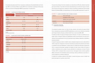 páginas38e39
Os exames de patologia clínica foram realizados nos Laboratórios do SESI pelos métodos Coproteste
para exame de fezes e Colorimétrico Enzimático Automatizado para os exames de sangue. Os resulta-
dos dos exames de sangue foram avaliados em relação aos parâmetros estabelecidos pela Sociedade
Brasileira de Diabetes (2006) e Sociedade Brasileira de Cardiologia (2007) apresentados no quadro 10.
Quadro 10	 Valores de referência para os exames de sangue
	 Glicemia1
	 Normal: até 99 mg/dL
		 Pré-diabetes: de 100 a 125 mg/dL
		Diabetes: maior ou igual a 126 mg/dL
	Colesterol2
	 Normal: abaixo de 200 mg/dL
	Triglicérides2
	 Normal: abaixo de 150 mg/dL
Fontes: 1
Sociedade Brasileira de Diabetes (2006)
2
Sociedade Brasileira de Cardiologia (2007)
Os resultados da pressão arterial, do índice de massa corpórea e dos exames de sangue também
foram comparados aos resultados de 269.093 trabalhadores, de vários ramos industriais, já atendidos
pelo Programa Saúde na Empresa no Estado de São Paulo no período de 2000 a 2007.
O profissional médico da equipe do Programa Saúde na Empresa, com base nos resultados das ava-
liações, realizou orientação individual aos trabalhadores, dando encaminhamento aos casos que ne-
cessitavam de acompanhamento clínico por hipertensão arterial, diabetes, dislipidemia, obesidade ou
parasitose intestinal.
A equipe de segurança e saúde no trabalho realizou avaliações de aspectos sociais, saúde auditiva e
médica ocupacional. Os aspectos sociais foram levantados por aplicação de questionário abordando
a qualidade de vida dos trabalhadores. A saúde auditiva foi avaliada pela aplicação de questionário
clínico e ocupacional (anamnese), realização da inspeção do meato acústico externo em ambas as
orelhas, e audiometria tonal (via aérea). O exame audiométrico foi classificado com base na Portaria
19 (Anexo I NR-7). A avaliação médica ocupacional incluiu: interrogatório sobre os diversos aparelhos
(ISDA), levantamento de antecedentes pessoais de doenças, histórico profissional e exame físico, in-
cluindo medição da circunferência abdominal.
A medida da circunferência abdominal (CA) reflete o conteúdo de gordura visceral e também tem
grande associação com a gordura corporal total.
Os resultados de pressão arterial foram comparados à classificação da Sociedade Brasileira de Cardio-
logia (SBC) e os de Índice de Massa Corpórea (IMC) foram comparados à classificação da Associação
Brasileira para Estudo da Obesidade (ABESO), apresentados nos quadros 8 e 9.
Quadro 8	 Classificação da pressão arterial
	
Pressão Arterial
	Classificação
		 Pressão sistólica (mmHg)	 Pressão diastólica (mmHg)
	Ótima	 < 120	 < 80
	 Normal	 < 130	 < 85
	Limítrofe	 130 - 139	 85 – 89
	 Hipertensão	
	Leve	 140 – 159	 90 – 99
	Moderada	 160 – 179	 100 - 109
	 Grave	 ≥ 180	 ≥ 110
	Sistólica isolada	 ≥ 140	 < 90
Fonte: SBC.
Obs.: mmHg = milímetros de mercúrio.
Quadro 9	 Classificação do Índice de Massa Corpórea (IMC)
	Classificação	IMC
	 Abaixo do peso	 Abaixo de 18,5
	 Normal	 18,5 – 24,9
	Sobrepeso	 25,0 – 29,9
	 Obesidade	
	 Grau 1	 30,0 – 34,9
	 Grau 2	 35,0 – 39,9
	 Grau 3	 40 e acima
Fonte: ABESO.
|manualdesegurançaesaúdenotrabalho|indústriadaconstruçãocivil–edificações|ESTUDODECAMPO|
 