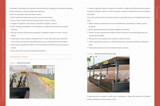 A execução e manutenção das instalações elétricas devem ser realizadas por trabalhador qualificado
e supervisionada por profissional legalmente habilitado.
Devem ser cumpridas as seguintes determinações:
Manter quadros de distribuição trancados e circuitos identificados;
Isolar os cabos e distribuir de forma que não obstrua vias de circulação;
Proteger as instalações contra impacto, intempéries e agentes corrosivos;
Proibir instalação de adaptador e chave blindada como dispositivos de partida e parada de
máquinas;
Executar emendas e derivações que assegurem a resistência mecânica e evitem o contato
elétrico;
Utilizar fusível, chave e disjuntor, compatíveis com o circuito. Não substituir por dispositivo
improvisado ou por fusível de capacidade superior, sem a correspondente troca de fiação;
Ligar máquina e equipamento elétrico móvel somente por intermédio de conjunto plugue e
tomada;
Aterrar estruturas e carcaças de equipamentos elétricos.
Organização e limpeza
Figura 2 Área de circulação
O canteiro organizado propicia otimização dos trabalhos, redução das distâncias entre estocagem e
emprego do material, melhoria no fluxo de pessoas e materiais e redução dos riscos de acidentes e
de incêndio.
Para o bom aproveitamento da área dos canteiros e prevenção de riscos aos trabalhadores é impor-
tante:
Manter materiais armazenados em locais pré-estabelecidos, demarcados e cobertos, quando
necessário;
Manter desobstruídas vias de circulação, passagens e escadarias;
Coletar e remover regularmente entulhos e sobras de material, inclusive das plataformas e de
outras áreas de trabalho;
Não queimar lixo ou qualquer outro material no canteiro de obras;
Utilizar equipamentos mecânicos ou calhas fechadas para a remoção de entulhos em diferentes
níveis;
Evitar poeira excessiva e riscos de acidentes durante a remoção.
Figura 3 Depósito de material reciclável
O gerenciamento de resíduos contribui para a organização e limpeza dos canteiros. (A referência
pode ser obtida em www.sindusconsp.com.br).
páginas90e91
|manualdesegurançaesaúdenotrabalho|indústriadaconstruçãocivil–edificações|ESTUDODECAMPO|
 