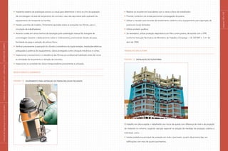 Implantar sistema de sinalização sonoro ou visual para determinar o início e o fim da operação
de concretagem na área de lançamento do concreto, caso não seja visível pelo operador do
equipamento de transporte ou bomba;
Instalar pranchas de madeira, firmemente apoiadas sobre as armações nas fôrmas, para a
circulação de trabalhadores;
Amarrar cordas em vários trechos da tubulação para sustentação manual do mangote de
concretagem durante o deslocamento sobre o cimbramento, promovendo divisão de peso,
facilidade de pega e redução de esforço físico;
Verificar previamente à operação do vibrador, a existência da dupla isolação, instalações elétricas
adequadas à potência do equipamento, cabos protegidos contra choques mecânicos e cortes;
Inspecionar o escoramento e a resistência das fôrmas por profissional habilitado antes de iniciar
as atividades de lançamento e vibração de concreto;
Inspecionar as conexões dos dutos transportadores previamente a utilização.
Revestimento cerâmico
Figura 12 Equipamento para aspiração de poeira em locais fechados
Realizar os recortes em local aberto com o vento a favor do trabalhador;
Priorizar cortes em via úmida para evitar a propagação da poeira;
Utilizar o riscador para recortes de revestimento cerâmico e/ou equipamento para aspiração de
poeira em locais fechados;
Utilizar protetor auditivo;
Se necessário, utilizar proteção respiratória com filtro contra poeira, de acordo com o PPR,
conforme Instrução Normativa do Ministério do Trabalho e Emprego – I.N. SST/MT n. 1 (11 de
abril de 1994).
Trabalho em altura
Figura 13 Instalação de plataforma
O trabalho em altura expõe o trabalhador aos riscos de queda com diferença de nível e de projeção
de materiais no entorno, exigindo atenção especial na adoção de medidas de proteção coletiva e
individual, como:
Instalar plataforma principal de proteção em todo o perímetro, a partir da primeira laje, em
edificações com mais de quatro pavimentos;
páginas102e103
|manualdesegurançaesaúdenotrabalho|indústriadaconstruçãocivil–edificações|ESTUDODECAMPO|
 