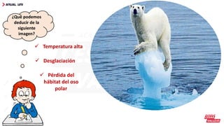 ¿Qué podemos
deducir de la
siguiente
imagen?
 Temperatura alta
 Desglaciación
 Pérdida del
hábitat del oso
polar
 