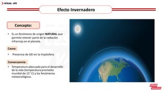 Efecto Invernadero
Concepto:
• Es un fenómeno de origen NATURAL que
permite retener parte de la radiación
infrarroja en el planeta.
Causa:
• Temperatura adecuada para el desarrollo
de la vida (temperatura promedio
mundial de 15° C) y los fenómenos
meteorológicos.
• Presencia de GEI en la tropósfera.
Consecuencia:
 