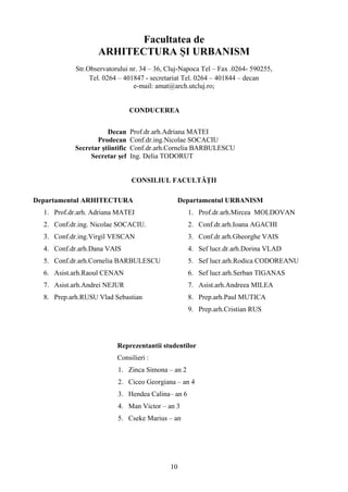 Facultatea de
ARHITECTURA ȘI URBANISM
Str.Observatorului nr. 34 – 36, Cluj-Napoca Tel – Fax .0264- 590255,
Tel. 0264 – 401847 - secretariat Tel. 0264 – 401844 – decan
e-mail: amat@arch.utcluj.ro;
CONDUCEREA
Decan Prof.dr.arh.Adriana MATEI
Prodecan Conf.dr.ing.Nicolae SOCACIU
Secretar ştiintific Conf.dr.arh.Cornelia BARBULESCU
Secretar şef Ing. Delia TODORUT
CONSILIUL FACULTĂŢII
Departamentul ARHITECTURA
1. Prof.dr.arh. Adriana MATEI
2. Conf.dr.ing. Nicolae SOCACIU.
3. Conf.dr.ing.Virgil VESCAN
4. Conf.dr.arh.Dana VAIS
5. Conf.dr.arh.Cornelia BARBULESCU
6. Asist.arh.Raoul CENAN
7. Asist.arh.Andrei NEJUR
8. Prep.arh.RUSU Vlad Sebastian
Departamentul URBANISM
1. Prof.dr.arh.Mircea MOLDOVAN
2. Conf.dr.arh.Ioana AGACHI
3. Conf.dr.arh.Gheorghe VAIS
4. Sef lucr.dr.arh.Dorina VLAD
5. Sef lucr.arh.Rodica CODOREANU
6. Sef lucr.arh.Serban TIGANAS
7. Asist.arh.Andreea MILEA
8. Prep.arh.Paul MUTICA
9. Prep.arh.Cristian RUS
Reprezentantii studentilor
Consilieri :
1. Zinca Simona – an 2
2. Ciceo Georgiana – an 4
3. Hendea Calina– an 6
4. Man Victor – an 3
5. Cseke Marius – an
10
 