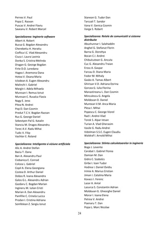 Pernes V. Paul
Popa C. Razvan
Puscas V. Andrei Flaviu
Saveanu V. Robert Marcel
Specializarea: Inginerie software
Albert A. Robert
Bucsa G. Bogdan Alexandru
Cherebetiu H. Horatiu
Cioflica I.C. Vlad Alexandru
Ciuca I. Laura Lavinia
Donka S. Cristina Melinda
Dragan G. George Bogdan
Firte D.O. Loredana
Hagea I. Anemona Oana
Hotea V. Oxana Maria
Iclodean A. Eugen Alexandru
Malinchi I. Gabriel
Margin I. Adela Mihaela
Muresan I. Remus Ionut
Muresan C. Rusalca Flavia
Nagy E. Jeno
Pitea N. Andrei
Pop D. Dan Cosmin
Predut T.C.V. Bogdan Razvan
Rus G. George Daniel
Sebestyen Pal G. Katalin
Stanciu M. Dragos Alexandru
Terec A.V. Radu Mihai
Tudic V. Filip
Vachter E. Roland
Specializarea: Inteligenta si viziune artificiala
Alic A. Andrei Stefan
Baciu T. Oana
Ban A. Alexandru Paul
Ciobanica E. Conrad
Colcea L. Gabriel
Copil A. Elena Georgiana
Costea D. Arthur Daniel
Dobos R. Ioana Alexandra
Galos G.L. Alexandru Adrian
Gazdaru C. Bogdan Marian
Ingineru M. Iulian Cristi
Marian A. Dan Alexandru
Pamfilie C. Crinela Lucica
Prodan I. Cristina Adriana
Somfelean Z. Sergiu Ionut
Stanean G. Tudor Dan
Tarczali T. Sandor
Vana V. Genica Cosmin
Varga S. Robert
Specializarea: Retele de comunicatii si sisteme
distribuite
Abushunnar I. Salahaddin
Anghel G. Stefanut Florin
Barna G. Dorottya
Bocan C.I. Andrei
Chibulcutean G. Ancuta
Cuc G. Alexandru Traian
Eross A. Gaspar
Farcau D. Diana Maria
Fodor M. Mihaly
Gasko A. Tamas Albert
Ghirisan V.D. Adriana Dorina
Gorcea G. Iulia Florina
Manastireanu L. Dan Cosmin
Minculescu G. Angela
Moldovan D. Daniel
Muntean V.M. Anca Maria
Plesa I. Mihai
Popescu C. George Viorel
Rad I. Andrei Vlad
Torok S. Alpar Istvan
Turian A. Vlad Gherasim
Vasile G. Radu Andrei
Vidolman S.S.C. Eugen Claudiu
Waldraf I. Arnold Mihai
Specializarea: Stiinta calculatoarelor in inginerie
Boga J. Levente
Carabat I. Gabriel Florea
Damian M. Dan
Gidro C. Szabolcs
Girbe I. Ioan Tudor
Hodrea I. Daniel Ovidiu
Irimie A. Marius Cristian
Jiman I. Catalina Maria
Kovacs I. Ferenc
Lazar A. Antal
Lazurca S. Constantin Adrian
Moldovan G. Gheorghe Daniel
Morar I. Ioana Elena
Petrea V. Andrei
Poenaru T. Dan
Popa L. Marc Nicolae
24
 
