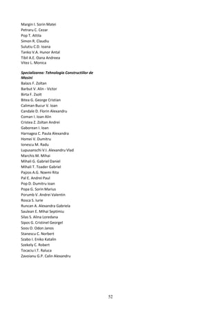 Margin I. Sorin Matei
Petraru C. Cezar
Pop T. Attila
Simon R. Claudiu
Sulutiu C.D. Ioana
Tanko V.A. Hunor Antal
Tibil A.E. Oana Andreea
Vitez L. Monica
Specializarea: Tehnologia Constructiilor de
Masini
Balazs F. Zoltan
Barbut V. Alin - Victor
Birta F. Zsolt
Bitea G. George Cristian
Caliman Bucur V. Ioan
Candale D. Florin Alexandru
Coman I. Ioan Alin
Cristea Z. Zoltan Andrei
Gaborean I. Ioan
Harnagea C. Paula Alexandra
Homei V. Dumitru
Ionescu M. Radu
Lupusanschi V.I. Alexandru Vlad
Marchis M. Mihai
Mihali G. Gabriel Daniel
Mihali T. Toader Gabriel
Pajzos A.G. Noemi Rita
Pal E. Andrei Paul
Pop D. Dumitru Ioan
Popa G. Sorin Marius
Porumb V. Andrei Valentin
Rosca S. Iurie
Runcan A. Alexandra Gabriela
Saulean E. Mihai Septimiu
Silas S. Alina Loredana
Sipos G. Cristinel Georgel
Soos O. Odon Janos
Stanescu C. Norbert
Szabo I. Eniko Katalin
Szekely C. Robert
Tocaciu I.T. Raluca
Zavoianu G.P. Calin Alexandru
52
 