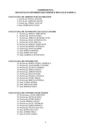 COMPONENŢA
SENATULUI UNIVERSITĂŢII TEHNICE DIN CLUJ-NAPOCA
FACULTATEA DE ARHITECTURĂ ŞI URBANISM
1. Conf.dr.arh. IOANA AGACHI
2. Prof. dr.arh. ADRIANA MATEI
3. Conf.dr.ing. VIRGIL VESCAN
4. Stud. GIORGIANA CICEO
FACULTATEA DE AUTOMATICĂ ŞI CALCULATOARE
5. Prof.dr.ing. MIHAIL ABRUDEAN
6. Prof.dr.mat. IOAN GAVREA
7. Prof.dr.mat. MIRCEA DUMITRU IVAN
8. Prof.dr.ing. IOAN ALFRED LEŢIA
9. Prof.dr.ing. LIVIU MICLEA
10. Prof.dr.ing. SERGIU NEDEVSCHI
11. Prof.dr.ing. RODICA POTOLEA
12. Prof.dr.ing. IOAN SALOMIE
13. Stud. MIHAI CODITOIU
14. Stud. SORIN SĂCARĂ
15. Stud. GABRIELA SUNZUIANA
FACULTATEA DE CONSTRUCŢII
16. Prof.dr.ing. HORIA-AUREL ANDREICA
17. Prof.dr.ing. ALEXANDRU CĂTĂRIG
18. Prof.dr.ing. JULIETTA DOMŞA
19. Prof.dr.ing. MIHAI ILIESCU
20. Prof.dr.ing. ADRIAN IOANI
21. Prof.dr.ing. ZOLTAN KISS
22. Prof.dr.ing. DANIELA MANEA
23. Prof.dr.ing. PETRU MOGA
24. Prof.dr.ing. MIRCEA PETRINA
25. Stud. VASILE MAIER
26. Stud. MIHAI SELARIU
27. Stud. BOGDAN DICO
FACULTATEA DE CONSTRUCŢII DE MAŞINI
28. Prof.dr.ing.ec. IOAN ABRUDAN
29. Prof.dr.ing. NICOLAE BÂLC
30. Prof.dr.ing. PETRU BERCE
31. Conf.dr. MONICA IOANI
32. Prof.dr.ing. IULIU NEGREAN
33. Prof.dr.ing. SORIN POPESCU
34. Prof.dr.ing. FELICIA SUCALĂ
35. Stud. IOANA SULUŢIU
36. Drd. ANDREI TIRLA
37. Stud. FLAVIU SABAU
6
 