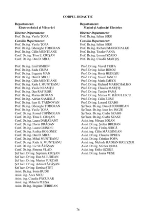 CORPUL DIDACTIC
Departament:
Electrotehnică şi Măsurări
Director Departament:
Prof. Dr.ing. Vasile ŢOPA
Consiliu Departament:
Prof. Dr.ing. Vasile ŢOPA
Prof. Dr.ing. Gheorghe TODORAN
Prof. Dr.ing. Călin MUNTEANU
Conf. Dr.ing. Titus E. CRIŞAN
Conf. Dr.ing. Dan D. MICU
Prof. Dr.ing. Emil SIMION
Prof. Dr.ing. Radu CIUPA
Prof. Dr.ing. Eugeniu MAN
Prof. Dr.ing. Dan O. MICU
Prof. Dr.ing. Călin MUNTEANU
Prof. Dr.ing. Radu I. MUNTEANU
Prof. Dr.ing. Vasile NEAMŢU
Prof. Dr.ing. Dan RAFIROIU
Prof. Dr.ing. Marius ROMAN
Prof. Dr.ing. Adrian SAMUILĂ
Prof. Dr.ing. Ioan G. TÂRNOVAN
Prof. Dr.ing. Gheorghe TODORAN
Prof. Dr.ing. Vasile ŢOPA
Conf. Dr.ing. Romul COPÎNDEAN
Conf. Dr.ing. Titus E. CRIŞAN
Conf. Dr.ing. Laura DĂRĂBANT
Conf. Dr.ing. Florin DRĂGAN
Conf. Dr.ing. Laura GRINDEI
Conf. Dr.ing. Rodica HOLONEC
Conf. Dr.ing. Dan D. MICU
Conf. Dr.ing. Mihai MUNTEANU
Conf. Dr.ing. Radu A. MUNTEANU
Conf. Dr.ing. Ilie SUĂRĂŞAN
Conf. Dr.ing. Simona VLAD
Şef lucr. Dr.ing. Septimiu CRIŞAN
Şef lucr. Dr.ing. Dan M. IUDEAN
Şef lucr. Dr.ing. Marius PURCAR
Şef lucr. Dr.ing. Adina RĂCĂŞAN
Şef lucr. Dr.ing. Denisa ŞTEŢ
Asist. Dr.ing. Sorin BUDU
Asist. ing. Anca NICU
Asist. ing. Claudia PĂCURAR
Asist. ing. Mihaela PLEŞA
Asist. Dr.ing. Bogdan ŢEBREAN
Departament:
Maşini şi Acţionări Electrice
Director Departament:
Prof. Dr.ing. Iulian BIRO
Consiliu Departament:
Prof. Dr.ing. Iulian BIRO
Prof. Dr.ing. Richard MARSCHALKO
Prof. Dr.ing. Teodor PANĂ
Prof. Dr.ing. Lorand SZABO
Prof. Dr.ing. Claudia MARŢIŞ
Prof. Dr.ing. Viorel TRIFA
Prof. Dr.ing. Iulian BIROU
Prof. Dr.ing. Horia HEDEŞIU
Prof. Dr.ing. Vasile IANCU
Prof. Dr.ing. Maria IMECS
Prof. Dr.ing. Richard MARSCHALKO
Prof. Dr.ing. Claudia MARŢIŞ
Prof. Dr.ing. Teodor PANĂ
Prof. Dr.ing. Mircea M. RĂDULESCU
Prof. Dr.ing. Călin RUSU
Prof. Dr.ing. Lorand SZABO
Şef lucr. Dr.ing. Daniel FODOREAN
Şef lucr. Dr.ing. Ioan Iov INCZE
Şef lucr. Dr.ing. Csaba SZABO
Şef lucr. Dr.ing. Csaba SZASZ
Asist. ing. Mircea BOJAN
Asist. Dr.ing. Ştefan BREBAN
Asist. Dr.ing. Florin JURCĂ
Asist. ing. Călin MĂRGINEAN
Asist. Dr.ing. Claudiu OPREA
Asist. Dr.ing. Cristian POPA
Asist. ing. Melinda RADIAN KREISZER
Asist. Dr.ing. Mircea RUBA
Asist. ing. Eniko SZOKE
Asist. Dr.ing. Ioana VESE
76
 