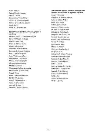 Rus I. Nicolaie
Sabou I. Daniel Bogdan
Seician I. Florin
Stanese H.L. Voicu Mihut
Suciu F.V. Vicentiu Bogdan
Taranu C. Constantin Cosmin
Urs A. Aurel
Vlase M. Lucian Adrian
Specializarea: Stiinte ingineresti aplicate in
medicina
Betlendi Pintea C. Alexandra Simona
Boies V. Mihaela Andreea
Chetan I. Ioan Paul
Ciupe G. Adriana Maria
Ciura R. Alexandru
Coroian D. Darius Traian
Dambian D. Ancuta Elisabeta
Fort I. Ciprian Mugurel
Iusan V. Alexandru Rares
Magurean C. Dan Sergiu
Matei I. Andra Georgeta
Miron I. Andreea Ioana
Moldovan I. Ionut
Moldovan I. Raluca Alexandra
Mudavoiu P. Marian Aurel
Nagy I. Timea
Rus R.E. Cristina Marioara
Sandor A.T. Lucian
Ursu D. Dana Vasilica
Vacar V. Ionut Vasile
Vanca D. Traian
Zaharia C. Mihai Valentin
Specializarea: Tehnici moderne de proiectare
asistata de calculator in ingineria electrica
Avram T.M. Anca
Bargauan M. Florian Bogdan
Boier A. Catalin Andrei
Bot P. Ioan Vasile
Bota V. Danut Ionut
Branzas C. Silviu Cosmin
Chindris V. Bogdan Ioan
Chindris V. Florin Vasile
Draghiciu D.G. Tudor Dan
Gasca L. Bogdan Marius
Gavrus F.M. Flaviu Andrei
Kovacs A. Andras
Lup A. Aurel Sorin
Maties M. Adrian
Mociran I. Bogdan Aurel
Neagu M. Vlad
Oglejan G.T. Raluca Teodora
Pana M.N. Mihai Vladimir
Pasculet N. Dan Nicodim
Pestean V. Adina Ioana
Peter I.I. Ionut
Petric V. Alexandru Ciprian
Petrovan V.I. Tudor Mihai
Popsa C. Andrei Cornel
Radu A. Razvan Andrei
Vaida I. Ilie
Vlad G. Marius Bogdan
Vladau I. Ovidiu
81
 