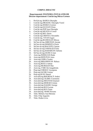 CORPUL DIDACTIC
Departamentul: INGINERIA INSTALATIILOR
Director departament: Conf.dr.ing.Mârza Carmen
1. Prof.dr.ing. BADEA Gheorghe
2. Conf.dr.ing.DRAGOŞ Gheorghe Viorel
3. Conf.dr.ing.MÂRZA Carmen
4. Conf.dr.ing.GLUGAN Elena
5. Conf.dr.ing.POP Ioan Gheorghe
6. Conf.dr.ing.MUNTEA Cornel
7. Conf.dr.ing.BEU Dorin
8. Conf.dr.ing.CRISTEA Alexandru
9. Conf.dr.ing. VITAN Eugen
10. Conf.dr.ing.BUZDUGAN Mircea
11. Sef lucr.dr.ing.ABRUDAN Ancuţa
12. Sef lucr.dr.ing.DOMNIŢA Florin
13. Sef lucr.dr.ing.BACOTIU Ciprian
14. Sef lucr.dr.ing.CHISĂLIŢĂ Gelu
15. Sef lucr.dr.ing.HADAREAN Adriana
16. Sef lucr.dr.ing.GIURCA Ioan
17. Asist.ing.INDOLEAN Radu
18. Asist.ing.HOŢUPAN Anca
19. Asist.ing.CHIRA Teodor
20. Asist.ing.MOLODOVAN Raluca
21. Asist.ing.BUICA Adrian
22. Asist.ing.MUREŞAN Dan
23. Asist.ing. FĂRCAŞ Anagabriela
24. Prep.ing.CORSIUC Georgiana
25. Prep.ing.IACOB Cristina
26. Prep.ing.RUSU Daniel
27. Asist.drd.ing.BOLBOACĂ Andrei
28. Asist.drd.ing.CILIBIU Constantin
29. Asist.drd.ing.MEGYESI Emanuel
30. Asist.drd.ing.MORAR Cristian
31. Asist.drd.ing.NAGHIU George
32. Asist.drd.ing.RUS Lucian
33. Asist.drd.ing.RUS Tania
34. Asist.drd.ing. MARE Roxana
35. Tehn. Militaru Ana-Mariana
36. Tehn. Filip Augustin
37. Tehn. Dodea Liviu
84
 