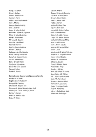 Fulop J.B. Zoltan
Greta I. Stelian
Grim L. Robert Zsolt
Haiduc I. Florin
Iancu V. Alexandru Vasile
Ileni S. Marius
Ionas A. Norbert Attila
Latis I. Gabriel
Lupsa D. Iulius Andrei
Macarie E. Valerian Augustin
Maier V. Mihai Octavian
Merk Z. Erik Zoltan
Mironiuc C. Gabriel
Nan I.M. Ioan Matei
Pocola D. Ciprian
Pop S.L. Septimiu Mihai
Prodan I. Remus
Radulescu M. Vlad Nicolae
Rus G. George Sebastian
Suciu T.N. Bogdan Daniel
Suciu I. Gabriel Iosif
Szabo Orosz I. Stefan
Szathmari S.J. Andras
Szocsi A.I. Sorin Gabriel
Tamas I. Zoltan
Zoltan N. Hunor
Specializarea: Sisteme si Echipamente Termice
Ampoitan A. Aurel
Bogdan G.R. Gelu Catalin
Boussaid M. Yassine
Chiorean P. Bogdan Alin
Cimpean N. Maria Nicoleta (cas. Rus)
Ciolan (cas. Ciolan Tomus) V. Iulian
Danciu T. Adrian
Florut M. Mircea Dan
Gecse A. Zoltan
Geczi A. Andrei
Goagas D. Cosmin Dumitru
Goste M. Marian Mihai
Groza S. Iulian Stefan
Hanca I. Vasile Ioan
Hodos I. Adrian
Icodim F.D. Paul Dan
Iepure I. Dan Ioan
Jaszfalvi G. Robert Szilard
Jeler V. Ioan Nicolae
Kallos F.A. Attila- Tamas
Lungu V.D. Vasile Bogdan
Mahulet N. Nicolae Mihai
Man I.A. Alexandru
Man S. Florin Claudiu
Marciuc M. Sergiu Mihai
Miron I. Ioan
Muntean M.G. Mihai Valentin
Muresan G. Grigore Cristian
Netan E. Emil Bogdan
Nicoara V. Viorel Calin
Oltean V. Claudiu
Petris V. Marius Daniel
Pop I. Petru Virgil
Rendes I. Adrian
Riios (cas. Beca) V. Vasile
Sanmihaian A.S. Adrian
Sas T. Raul Florin Nicolae
Stoia F.P. Florin Ervin
Stuparu I. Andrei Mihai
Talfes M.D. Alexandru
Tiplea V. Cristian Vasile
Turc M. Alexandra
Udrea I. Delia Maria Silvia
Vinersar G. Gheorghe
95
 