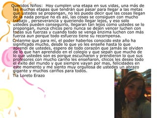    Queridos Niños:  Hoy cumplen una etapa en sus vidas, una más de las muchas etapas que tendrán que pasar para llegar a las metas que ustedes se propongan, no les puedo decir que las cosas llegan de la nada porque no es así, las cosas se consiguen con mucho trabajo , perseverancia y queriendo llegar lejos, y eso solo ustedes pueden conseguirlo, llegaran tan lejos como ustedes se lo propongan, nunca chicos pero nunca se dejen vencer luchen con todas sus fuerzas y cuando todo se venga enzima luchen con más fuerza aun porque todo esfuerzo tiene su recompensa.    Créanme que para mí, el poder haberlos conocido este año ha significado mucho, desde lo que yo les enseñe hasta lo que aprendí de ustedes, espero de todo corazón que jamás se olviden de lo que han aprendido en el colegio y que sepan que mucho de lo que ustedes son es porque escucharon y prendieron lo que sus profesores con mucho cariño les enseñaron, chicos les deseo todo el éxito del mundo y que siempre vayan por mas, felicidades en este momento y me siento muy orgullosa de ustedes un abrazo gigante y muchos cariños para todos.    Tía Loreto Erazo