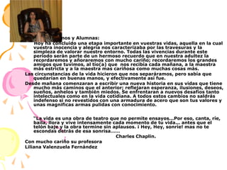Queridos Alumnos y Alumnas:       Hoy ha concluido una etapa importante en vuestras vidas, aquella en la cual vuestra inocencia y alegría nos caracterizaba por las travesuras y la simpleza de valorar nuestro entorno. Todas las vivencias durante este periodo serán parte de un hermoso recuerdo que en nuestra adultez la recordaremos y añoraremos con mucho cariño; recordaremos los grandes amigos que tuvimos, al tío(a) que  nos recibía cada mañana, a la maestra más estricta y a la maestra mas cariñosa como muchas cosas más. Las circunstancias de la vida hicieron que nos separáramos, pero sabía que quedarían en buenas manos, y efectivamente así fue. Desde mañana comenzaran a escribir una nueva historia en sus vidas que tiene mucho más caminos que el anterior; reflejaran esperanza, ilusiones, deseos, sueños, anhelos y también miedos. Se enfrentaran a nuevos desafíos tanto intelectuales como en la vida cotidiana. A todos estos cambios no saldrás indefenso si no revestidos con una armadura de acero que son tus valores y unas magnificas armas pulidas con conocimiento.“La vida es una obra de teatro que no permite ensayos...Por eso, canta, ríe, baila, llora y vive intensamente cada momento de tu vida... antes que el telón baje y la obra termine sin aplausos. ¡ Hey, Hey, sonríe! mas no te escondas detrás de esa sonrisa……					Charles Chaplin.Con mucho cariño su profesora Liliana Valenzuela Fernández