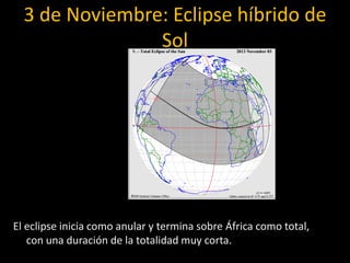 3 de Noviembre: Eclipse híbrido de
                Sol




El eclipse inicia como anular y termina sobre África como total,
   con una duración de la totalidad muy corta.
 