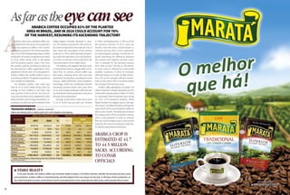 AArabica is the most cultivated coffee vari-
etyinBrazilandintheworld.Itoccupies81%
of the area planted to coffee in the Country
and could account for 76% of the entire Bra-
ziliancropinthe2018growingseason.Global
production of Arabica is expected to amount
to 97.42 million 60-kg sacks in the global
2017/18 growing season, down 4.6% from
the previous period, according to report by
the International Coffee Organization (ICO),
published in March 2018. The anticipated re-
duction reflects the smaller Arabica crop in
ColombiaandBrazil.Theglobalcropextends
fromOctobertoSeptember.
The Brazilian Arabica crop could vary
from 41.74 to 44.55 million 60-kg sacks (an
average of 43.15 million) in the 2018 crop
year, up from 21.9% to 30.1%, from the vol-
umeof43.38millionsacksregisteredin2016,
latest biennial cycle of large production, ac-
cording to an estimate by the National Food
AsfarastheeyecanseeArabica coffee occupies 81% of the planted
area in Brazil, and in 2018 could account for 76%
of the harvest, resuming its ascending trajectory
Arabica crop is
estimated at 41.7
to 44.5 million
sacks, according
to Conab
officials
Supply Agency (Conab), disclosed in Janu-
ary. This volume accounts for 76% of the to-
tal volume projected for the national crop. It
also means the resumption of the amount
produced in 2016, whilst favoring the grow-
ing scale that had been occurring previous-
ly. In 2017, an off year of low production, the
cropamountedto34.25millionsacks.
The positive and negative biennial cycle,
acharacteristicthathasabiggereffectonAr-
abica than on conilon, presses coffee sup-
plies down, requiring stocks and carry-over
operations.Nonetheless,accordingtoConab
sources, better-off farmers have invested in
technology, which has contributed towards
recovering stressed plants that come from
an on year of high production. With the aim
tominimizethelowerproductionvolumesin
offyearsoflowproduction.
Average productivity could reach from
27.15 to 28.98 sixty-kg sacks per hectare
l STABLE REALITY
In the past decade, the Arabica coffee crop remained stable at about 1.78 million hectares. Besides the pluriannual price cycles
and production, Arabica coffee is characterized by area fluctuations from one season to the next. In off years of low production, ar-
easunderformationincrease,asthefarmersoptforrenovatingtheircrops,especiallytheolderareas,whereproductivityislower.
in 2018, outstripping from 17.4% to 25.4%
the previous amount of 23.12 sacks per
hectare. Over the years, improvements in
cultural practices and a more sophisticat-
ed technological package contributed to-
wards narrowing the difference between
the positive and negative biennial cycles.
This is attested by the growing seasons
from 2001 to 2013. The fact is, the bienni-
al cycle could be affected by unfavorable
weather conditions. In 2014, for example,
although being an on year of high produc-
tion, the severe drought affected produc-
tivity to the extent that it remained below
the average of the previous year.
Arabica coffee plantations occupied 1.78
million hectares in Brazil, equivalent to 81%
oftheentireareadevotedtocoffee.For2018,
it is estimated that the planted area will go
up 0.2% (3.75 thousand hectares). Minas
Gerais devotes the biggest area to this spe-
cies,some1.23millionhectares,correspond-
ingto68.8%oftheareadevotedtocoffeeAr-
abicaintheCountry.TheStatealsoaccounts
forahugeportionoftheproductionvolume,
with a crop projected to reach an amount
from28.7to30.2millionsacksin2018.Itisfol-
lowed by the volumes produced in São Pau-
lo,EspíritoSanto,BahiaandParaná.
28
paisagem arábica •arabica landscape
Área em produção e produção de café arábica no Brasil
ESTADOS
	 Área em produção (ha)	 Produção (mil sacas)
	
2017	 2018	%	2017
	 2018
					inferior	superior
Bahia	 94.871,0	 94.312,0	 -0,6	 978,0	 1.337,0	1.821,0
Mato Grosso	 45,0	 50,0	 11,1	 1,1	 1,1	 1,2
Goiás	 5.516,0	 6.547,0	18,7	 190,2	 146,7	 152,7
Minas Gerais	 967.751,0	 1.020.430,0	 5,4	 24.101,6	 28.768,1	 30.290,1
Espírito Santo	 150.123,0	 156.603,0	 4,3	 2.950,0	 3.920,0	 4.680,0
Rio de Janeiro	 13.053,0	 13.445,0	 3,0	 349,0	 355,2	 373,4
São Paulo	 200.629,0	 201.400,0	 0,4	 4.411,8	 5.854,0	 6.153,4
Paraná	 43.260,0	 37.900,00	 -12,4	 1.210,0	 900,0	1.0120,0
Outros*	 6.293,0	 6.833,0	8,6	 57,4	 62,7	 62,7
Total	 1.481.541,0	1.537.520,0	 3,8	 34.249,1	 41.744,8	44.554,5
* Ceará, Pernambuco, Mato Grosso do Sul e Distrito Federal.	 	
Fonte: Conab, estimativa de janeiro de 2018.
 