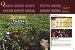 OO café conilon, ou robusta, represen-
ta cerca de 24% da produção brasileira
do grão. Das duas espécies plantadas no
País e no mundo, o conilon é a mais rús-
tica e apresenta vantagens sobre o arábi-
ca. É mais resistente a pragas e doenças e
tolera temperaturas mais altas e falta de
água. A produtividade também é maior
do que a do arábica. O Espírito Santo
produziu 55% do café conilon do País em
2017. Por esse motivo, as variações que
ocorrem no Estado influenciam no resul-
tado nacional.
Aprevisãoédequesejamcolhidasentre
12,7 e 13,96 milhões de sacas de 60 quilos
na safra de 2018, representando acréscimo
de 18,4% a 30,2% sobre a anterior, de 10,7
milhões de sacas, de acordo com a Compa-
nhia Nacional de Abastecimento (Conab). O
volume mundial de conilon está projetado
em62,24milhõesdesacasnociclo2017/18,
segundo a Organização Internacional do
Café(OIC),norelatóriodemarço.Esseresul-
tado supera as 55,6 milhões de sacas pro-
duzidasnafase2016/17.Amaiorofertaserá
em grande parte devida aos aumentos de
safrasnoVietnã,naIndonésiaenoBrasil.
Entre os brasileiros, o maior resultado
deve-se, sobretudo, à recuperação do po-
tencialdeproduçãodaslavourasdosesta-
dos do Espírito Santo e da Bahia. Também
beneficiou-se da maior produtividade em
Rondônia, decorrente do maior uso de
tecnologias, como o plantio de café clo-
nal e o maior investimento nas lavouras.
A safra média estimada em 13,33 milhões
de sacas para 2018 representa avanço de
2,3% sobre a colhida em 2014, quando o
total de 13,03 milhões de sacas foi o maior
Robustez
atodaprovaProdução brasileira de café conilon poderá
superar a 13 milhões de sacas em 2018, devido ao
clima favorável e ao investimento em tecnologia
Potencial
produtivo das
lavouras da
Bahia e do
Espírito Santo
teve avanço
da série histórica da Conab.
OEspíritoSanto,querespondepormais
dametadedaofertanacionaldeconilon,es-
tima colher entre 7,7 e 8,7 milhões de sacas
em 2018, altas de 29,5% e 46,3% em rela-
ção ao volume de 5,9 milhões de sacas do
ano anterior. Os cafezais estavam sendo fa-
vorecidos pelo clima. A produtividade mé-
diapoderiavariarde33,10a37,41sacaspor
hectare, com altas de 31,7% e 38,9%. A área
plantadanoEstadoocupava256,55milhec-
tares, sendo que 231,32 mil hectares esta-
riamemprodução,comrecuode1,7%.
De 2005 a 2014, a produção de conilon
cresceu em média 4,5% ao ano. Neste úl-
timo ano-safra obteve o recorde de 13,04
milhões de sacas. Nos anos seguintes, em
2015 e 2016, as condições climáticas desfa-
voráveis reduziram as colheitas no Espíri-
to Santo para 7,76 e 5,04 milhões de sacas,
respectivamente. Em 2015, a safra de co-
nilon na Bahia também sofreu impacto da
escassez hídrica, o que acarretou forte di-
minuição da produção estimada e ajudou
a reduzir a oferta brasileira de café conilon
naquele ano.
l A ÁREA RECUA
A área plantada com café conilon no Brasil soma 417,93 mil hectares. Desse total,
378,62 mil hectares estão em produção e 39,31 mil hectares em formação. O Espírito
Santopossuiamaiorárea,de256,55milhectares,seguidodeRondônia,com83,34mil
hectares,edaBahia,com49,8milhectares.Aespécietambéméinfluenciadapelabie-
nalidadepostivaenegativa,maselaocorrecommenorintensidadedevidoàspráticas
demanejo.Aáreaplantadarecuou136,89milhectaresdesde2008.Aáreaemforma-
ção segue praticamente estável, variando de 5% a 10% da área total. Em 2018, a esti-
mativaédereduçãode2.960hectaresdaculturanoPaís,emrelaçãoa2017.
SílvioÁvila
3130
paisagem robusta •robust view
Área em produção e produção de café conilon no Brasil
ESTADOS
	 Área em produção (ha)	 Produção (mil sacas)
	
2017	 2018	%	2017
	 2018
					inferior	superior
Rondônia	 74.255,0	 74.255	 -----	 1.938,2	 2.226,7	2.403,6
Amazonas	 503,8	 503,8	-----	 7,5	 7,0	 7,0
Pará	 460,0	 474,0	3,0	 6,4	 6,7	 6,7
Bahia	 46.770,0	 47,166,0	 0,8	 2.380,0	 2.294,0	2.400,0
Mato Grosso	 9.518,0	 10.000,0	 5,1	 90,4	 97,5	 102,5
Minas Gerais	 13.011,0	 13.206,0	 1,5	 343,7	 325,4	 342,8
Espírito Santo	 235.415,0	 231.323,0	 -1,7	 5.915,0	 7.657,0	 8.653,0
Outros*	 1.652,0	 1.697,0	2,7	 39,7	 41,3	 41,3
Total	 381.584,8	 378.624,8	 -0,8	 10.720,9	 12.696,6	13.956,9
* Acre e Ceará.
Fonte: Conab, estimativa de janeiro de 2018.
SílvioÁvila
 