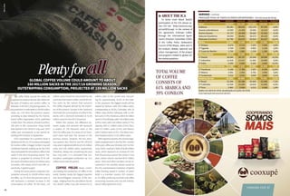 T
The coffee fields around the world are
supposedtoproducealmost160million60-
kg sacks of Arabica and conilon coffee, or
Robusta,inthe2017/18growingseason.To-
talproductionisestimatedat159.66million
sacks, up 1.2% from the previous season,
according to data released by the Interna-
tional Coffee Organization (ICO), published
inApril2018.Thevolume,shoulditconfirm,
will stick to the consecutive rising trends
that started in the 2014/15 crop year. ICO’s
coffee year corresponds to the period ex-
tendingfromOctobertoSeptember.
ICO’s expectation for a positive result is
attributedtothe12.1%increaseanticipated
for conilon coffee. A bigger conilon crop will
contribute towards making up for the 4.6%
dropanticipatedfortheArabicacoffeeinthe
world in the 2017/18 growing season. Pro-
duction is projected to achieve 97.43 mil-
lionsacksofArabicaand62.23millionsacks
of conilon, with shares of 61% and 39%, re-
spectively,inglobalsupply.
During the same period, projected con-
sumption amounts to 158.88 million sacks
of coffee, up 1% from the previous year. It
will represent a constant increase in the
consumption of coffee. Of this total, 110
million sacks should be demanded by the
countriesthatimportcoffee,and48.88mil-
lion sacks by the nations that consume
the coffee shipped abroad by the export-
ers of the product. Europe is the continent
that leads the consumption of coffee in the
world, with a demand estimated at 51.93
million sacks for the 2017/18 period.
Within this context, the difference be-
tween supply and demand will represent
a surplus of 778 thousand sacks in the
2017/18 coffee year. An excess of 312 thou-
sand sacks had been the amount in the
previous season. However, the two previ-
ous seasons (the 2014/15 and the 2015/16
cropyears)registereddeficitsof2.65million
sacks and 3.65 million sacks, respectively.
Therefore, taking into considering the past
four crop years, it is concluded that con-
sumption outstripped production by 5.21
millionsacksovertheperiod.
COFFEE FIELDS Brazil contin-
ues leading the production of coffee in the
world, besides being the biggest exporter
and second-biggest consumer of the bev-
erage. Judging from the calculations by the
ICO, Brazil’s coffee crop will amount to 51
million sacks in the current year, account-
ing for approximately 31.9% of the total.
In the sequence, the biggest results will be
reaped by Vietnam, with 29.5 million sacks,
corresponding to 18.5%; Colombia, with 14
million sacks (8.8%); Indonesia, with 12 mil-
lionsacks(7.5%);Honduras,with8.35million
sacks(5.2%);Ethiopia,with7.65millionsacks
(4.8%); India, with 5.84 million sacks (3.7%);
Uganda, with 5.1 million sacks (3.2%); Peru,
with 4.3 million sacks (2.7%); and Mexico,
with 4 million sacks (2.5%). The other coun-
triesshouldproduce17.92millionsacks.
Withregardtoexports,thevolumenego-
tiated at global level in the first five months
ofthepastcoffeeyear(October2017toFeb-
ruary 2018), reached a total of 50.98 million
sacks, which represent an increase of 3.2%
from the previous period (the 2016/17 crop
year), whose volume reached 49.41 million
sacks. These and other numbers can be as-
certained in the monthly reports issued by
the ICO, representative institution of global
coffee farming, based in London, of which
Brazil is a member country. ICO compris-
es 76 coffee producing countries and coffee
consuming countries and runs the Interna-
tionalCoffeeAgreement(ICA).
Total volume
of coffee
consists of
61% Arabica and
39% conilon
l ABOUT THE ICA
To know more about Brazil’s
participation at the ICA, please ac-
cess ICO site (http://www.ico.org/
pt/ica2007p.asp). In the context of
this agreement, Embrapa Coffee,
through the International Agree-
ment’s Directive Committee (CDAI),
of the Coffee Policy Deliberative
Council (CPDC/Mapa), takes part in
the analysis, debate, approval and
action management, of the project
and programs related to global cof-
fee market questions.
PlentyforallGlobal coffee volume could amount to about
160 million sacks in the 2017/18 growing season,
outstripping consumption, projected at 159 million sacks
SílvioÁvila
40
servido •supplied
Produção total de todos os países exportadores – Em mil sacas de 60 kg
Ano-safra começando	 2014/15	 2015/16	 2016/17	 2017/18	 %16/17
Total 	 149.077	152.107	157.694	159.663	 1,2%
Arábicas	 86.281	 88.432	102.176	 97.426	 -4,6%
Suaves colombianos	 14.593	15.403	15.941	15.214	-4,6%
Outros Suaves	 25.737	26.068	30.662	31.981	 4,3%
Naturais brasileiros	 45.950	46.961	55.573	50.232	-9,6%
Robustas (Conilon)	 62.796	63.675	55.518	62.237	12,1%
África	 15.964	16.338	17.120	17.663	 3,2%
1º Etiópia	 6.575	6.714	7.297	7.650	4,8%
2º Uganda	 3.744	3.650	4.962	5.100	2,8%
3° Costa do Marfim	 1.750	 1.882	 1.234	 1.300	 5,4%
Ásia e Oceania	 45.974	 49.566	 44.968	 49.485	 10,0%
1º Vietnã	 26.500	28.737	25.540	29.500	15,5%
2° Indonésia	 11.418	12.317	11.491	12.000	 4,4%
3° Índia	 5.450	5.800	5.200	5.840	12,3%
México e América Central	 17.188	 17.237	 20.467	 21.924	 7,1%
1º Honduras	 5.268	5.786	7.457	8.349	12,0%
2º México	 3.591	2.903	3.781	4.000	5,8%
3º Guatemala	 3.310	3.410	3.684	3.800	3,1%
América do Sul	 69.951	 68.965	 75.139	 70.591	 -6,1%
1º Brasil	 52.299	50.388	55.000	51.000	-7,3%
2º Colômbia	 13.339	14.009	14.634	14.000	-4,3%
3º Peru	 2.883	3.304	4.223	4.300	1,8%
Dados em abril de 2018, atualização em julho de 2018.
Fonte: Organização Internacional do Café (OIC).
 