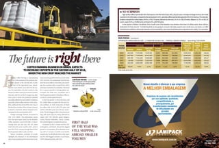 Empresas de sucesso são reconhecidas
por sua agilidade, qualidade,
competitividade, e,
principalmente, por
transformarem momentos
de dificuldades em
grandes
oportunidades.
A MELHOR EMBALAGEM!
Nosso desafio é oferecer à sua empresa
www.lamipack.com.br Caçador - SC
(49) 3561 1600
B
l NO SURPRISES
Highqualitycoffeesrepresented18%ofallexportsinthefirsthalfof2018,with1,392,422sacks.Inforeignexchangerevenue,themodel
reached21.6%ofthesales.Comparedtothesameperiodin2017,specialtycoffeesrepresentedagrowthof24.2%inrevenue.Themaindes-
tinationsincludedtheUnitedStates(24.6%,or343,174sacks),followedbyGermany(14.1%,or196,226sacks),Belgium(12.1%,or169,110
sacks),Japan(9.3%,or29,858sacks)andItaly(6.2%,or86,708sacks).
In the opinion of Nelson Carvalhaes, from Cecafé, even if the Brazilian crop achieves more than 55 million sacks, there will be a
destination for that amount. “Considering what we are going to consume internally, exports and a small carry-over stock, our offer
anddemandconditionswillremainbetweennormalstandards,afactthatshouldkeeppricesadjustedtothisreality”,heconcludes.
ThefutureisrightthereCoffeefarmingbusinessinBrazilexpects
toincreaseexportsinthesecondhalfof2018,
whenthenewcropreachesthemarket
Brazilian coffee farming is concentrating
itseffortsontherecoveryofthevolumesdes-
tined for abroad in the second half of 2018,
at the start of the agricultural year, extend-
ingfromJune2018toJune2019.Forthesea-
son,theexpectationisfortheCountrytoship
abroad35millionsacks(oranamountcloseto
thatsize),withthearrivalofahugecrop,after
three years in which the productive potential
wasbadlyaffectedbybadweatherconditions,
especiallyconiloncoffeevolumes.Inthemean-
time,waitingforthearrivalofthenewcrop,in
thefirstthreemonthsofthecivilyear(January
to March), shipments abroad dropped 4.1%,
comparedtothesameperiodin2017.
Foreign exchange revenue amounted to
US$ 1,233 million. This information comes
from the April report issued by the Brazilian
Coffee Exporters Council (CECafé). In March,
average price per sack was US$ 157, down
10.6% from the same month in 2017, when it
wasUS$175.62.JanuarythroughMarch2018,
Brazilexportedcoffeeto106countries.
Nelson Carvalhaes, president of Cecafé,
highlights the behavior of the international
sales:itwasapositiveperformanceeveninad-
versescenarios,justlikewhatoccurredin2008,
2010and2014.Heunderstandsthatthishap-
pensbecausecoffeeismorethanjustabever-
age,butaproductwithauniqueflavor,which
promotesmomentsofsocialization.Thetrend
for a 2-percent growth in average global con-
sumption still holds true. Carvalhaes has it
thatthegoodreputationofBraziliancoffeeac-
countsforuninterrupteddemand.
In the first quarter in 2018, Germany and
the United States occupied the first and sec-
ond positions as main consumers of Brazil-
ian coffee, with 18.1% (1,401,735 sacks) and
16.9% (1,307,654 sacks) in purchases, respec-
tively.Thethirdbiggestclientintheperiodwas
Italy, with 10.6% (823,791 sacks), followed by
Japan, with 7.6% (588,391 sacks). Belgium,
Turkey, Russian Federation, France, Canada,
theUnitedKingdomcompletethepicture.
Compared to 2017, Canada and the Unit-
ed Kingdom, until March, showed the biggest
growth in consumption of the Brazilian prod-
uct, with an increase of 10.92% and 16.29%,
respectively.CecaféofficialsinformthatJapan
had the third biggest evolution in purchases,
9.95%,followedbyItaly,with4.6%.
First half
of the year was
still shipping
abroad smaller
volumes
SílvioÁvila
48
Café em fatias •coffeeshares
Participação%porqualidade
nasexportaçõesbrasileiras
decaféem2018*
Fonte:
Cecafé, abril de 2018.
Arábica
RobustaSolúvel
88,5
10,1
1,3
*Janeiro a março/2018.
boa pedida •Nicerequest
EXPORTAÇÕESBRASILEIRASDECAFÉ –1ºtrimestredoanocivil – Período:janeiroamarço – Sacas60Kg/US$FOBMil
Exportações
totais de
café (sacas
60 kg)
Receita
Cambial
US$
FOB Mil
Preço
Médio
(US$/saca)	
Robusta	 Arábica
	 Total Café	 Torrado 	
Solúvel
	 Total Café
			Verde	 & Moído		 Industrializado
Volume em sacas de 60 Kg
Período
(jan/mar)
Café Verde Café Industrializado
2014	 405.906	7.273.585	7.679.491	 4.854	808.568	 813.422	 8.492.913	 1.242.154	 146,26
2015	 947.954	7.193.999	8.141.953	 7.263	790.826	 798.089	 8.940.042	 1.712.537	 191,56
2016	 209.780	7.721.104	7.930.884	 6.523	912.503	 919.026	 8.849.910	 1.302.428	 147,17
2017	 52.826	 7.170.193	 7.223.019	 7.430	 840.541	 847.971	 8.070.990	 1.421.322	 176,10
2018	 102.530	6.852.959	6.955.489	 2.774	781.230	 784.004	 7.739.493	 1.233.112	 159,33
Var. %
2018x2017	
94,1%	 -4,4%	 -3,7%	 -62,7%	-7,1%	 -7,5%	 -4,1%	 -13,2%	 -9,5%
Fonte: Cecafé, abril de 2018.
 