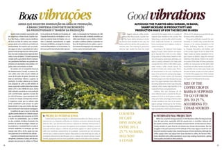 QQuartomaiorprodutornacionaldecafé,
em sequência a Minas Gerais, Espírito San-
to e São Paulo, a Bahia vivenvia tendência
de recuo na área de cultivo, mas compen-
saesseajustecomamelhorianosíndicesde
produtividade, de maneira que sua produ-
ção segue em alta. E a qualidade tem sido o
grandemoteperseguidopelacadeiaprodu-
tiva,nosmaisvariadospolosregionaisdedi-
cados a essa atividade. O Estado apresenta
variado perfil, que ostenta desde os peque-
nos produtores familiares aos grandes em-
presáriosemplantaçõesmecanizadaseirri-
gadas,estasconcentradasnoOeste.
De acordo com a Companhia Nacional
de Abastecimento (Conab), os baianos de-
vem colher entre 4,031 e 4,221 milhões de
sacas de 60 quilos de grãos, tomando por
base as estimativas inferior e superior de
produção. O conilon salienta-se no Estado,
com projeção de 2,294 a 2,400 milhões de
sacas,euquantooarábicadeveficarnafaixa
entre 1,737 e 1,821 milhão de sacas. A área
total cultivada, somando-se a em produção
com a em formação, segundo a Conab, fica
em 150 mil hectares, o que representa 2,6%
a menos em relação à temporada anterior.
O organismo avalia que os cafezais estão
sendo substituídos pela lavoura de grãos
(basicamente a soja, que mostra alta liqui-
dez)eaindaporfrutastropicaisepastagens.
A evidência de que o recuo em área não
significa perdas efetivas em colheita transpa-
rece nas estimativas de incremento de 20,2%
a 25,8% na produtividade, que se benefi-
cia das condições climáticas favoráveis mas
também do pacote tecnológico adotado pe-
losprodutores.Oresultadofinaléumsaltoal-
tamente satisfatório na produção, que deve
avançar entre 20% e 25,7%, quase nos mes-
mospatamaresdorendimentodoscafezais.
Agrandecontribuição paraessebomde-
sempenho,conformeaConab,vemdarecu-
peração das lavouras de arábica no Planal-
BoasvibraçõesAinda que registre diminuição na área de produção,
a Bahia compensa com forte incremento
da produtividade e também da produção
l PROJEÇÃO INTERNACIONAL
A Bahia alcançou forte projeção na cafeicultura brasileira nos últimos anos, em
especial com as conquistas verificadas em inúmeros concursos nacionais de quali-
dade do café, o que prontamente chamou a atenção de clientelas internacionais. O
bom regime pluvial (em anos que não registram anormalidades climáticas, como as
secas das últimas safras) e a altitude das principais regiões de cultivo resultam em
cafés com excelentes características de qualidade. Justamente por tais atributos,
mesmo que a cadeia produtiva registre adequações na área dedicada aos cafés, os
produtores efetivamente identificados com os cafezais não deixam de fazer investi-
mentos,agregandocadavezmaisqualidadeecadavezmaisvaloraseusprodutos.
l INTERNATIONAL PROJECTION
Bahia has acquired strong projection in the Brazilian coffee farming business
over the past years, especially with the awards won in countless national cof-
fee quality contests, which immediately aroused interest of international clients.
Timely rainfalls (in years that do not witness any climate abnormalities, like the
droughts in the past seasons) and the altitude of the main regions result into cof-
feeswithexcellentqualitytraits.Exactlybecauseoftheseattributes,althoughthe
coffee supply chain may adjust their areas devoted to coffee, the farmers effec-
tively identified with coffee plantations never stop making investments, adding
more quality and value to their products.
to (no entorno do Planalto da Conquista, da
Chapada Diamantina e de Brejões) e no Cer-
rado (no extremo Oeste do Estado). Já o co-
nilon é plantado especialmente na região
chamadadeAtlântico,aolongodoremanes-
centedaMataAtlânticanoSuldoEstado.To-
dosessesperfisdeproduçãoestãorepresen-
tados na Associação de Produtores de Café
da Bahia (Assocafé), entidade presidida por
João Lopes Araújo e que se dedica a fomen-
tar ações e políticas públicas e privadas em
favor do fortalecimento da cadeia, o que in-
cluieventosdeintegraçãoedeavaliaçãodos
rumosaseremtomadospelosetor.
F
Fourth biggest national coffee produc-
er, coming after Minas Gerais, Espírito San-
to and São Paulo, Bahia witnesses a shrink-
ing trend in area devoted to the crop, but
makesupforthisdeclinewithexcellentpro-
ductivity rates, thus keeping its production
volumes high. Quality has been the motto
GoodvibrationsAlthough the planted area shrank, in Bahia,
sharp increase in productivity and
production make up for the decline in area
pursued by the supply chain, in a variety of
regional hubs devoted to this activity. The
State shows a varied profile, which includes
from small-scale farmers to commercial
farms mechanized and irrigated, mostly lo-
catedintheWest.
According to the National Food Supply
Agency (Conab), Bahia farmers are expect-
ed to harvest from 4.031 to 4.221 million
60-kg sacks of coffee beans, based on infe-
rior and superior production estimates. Co-
nilon is mostly cultivated in the State, with
a projection for 2.294 to 2.400 million sacks,
while Arabica coffee should remain be-
tween1.737and1.821millionsacks.Theto-
tal area devoted to the crop, including the
areas in the productive and growing stages,
according to Conab, reaches 150 thousand
hectares,down2.6%fromthepreviouscrop
year. The organ maintains that coffee fields
arebeingreplacedbycerealcrops(basically
soybean, which shows high liquidity) or by
tropicalfruittreesandpasturelands.
Evidence that area decreases do not
mean effective losses is attested by the pro-
jections of 20.2% to 25.8% gains in produc-
tivity,whichtakesadvantageofthefavorable
climate conditions and also of the techno-
logical package introduced by the farmers.
Theresulttranslatesintoahighlysatisfactory
leapinproduction,whichshouldincreaseby
20% to 25.7%, almost on a par with the per-
formanceofthecoffeefields.
The great contribution towards this per-
formance, in Conab’s view, comes from the
recovery of the Arabica plantations in the
Plateau (including Planalto da Conquis-
ta, Chapada Diamantina and Brejões) and
in the Cerrado region (in the Far West of the
State). Conilon is mainly cultivated in the re-
gion known as Atlantic, along the remnant
stretches of the Atlantic Forest in the South-
ern portion of the State. All these production
profiles are represented by the Bahia State
AssociationofCoffeeFarmers(Assocafé),en-
tity presided over by João Lopes Araújo and
devoted to foster private and public policies
onbehalfofthesupplychain,whichincludes
integrationandevaluationeventsfocusedon
theroutestobefollowedbythesector.
Colheita
de café
deve avançar
entre 20% e
25,7% na Bahia,
segundo
a Conab
Size of the
coffee crop in
Bahia is supposed
to go up from
20% to 25.7%,
according to
Conab sources
SílvioÁvila
7978
 