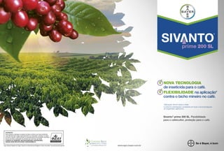 76 www.agro.bayer.com.br
200 SL
Este produto é perigoso à saúde humana, animal e ao meio ambiente.
Leia atentamente e siga rigorosamente as instruções contidas no rótulo,
na bula e receita. Utilize sempre os equipamentos de proteção individual.
Nunca permita a utilização do produto por menores de idade.
ATENÇÃO
FaçaoManejoIntegradodePragas.Descartecorretamenteasembalagenserestosdeprodutos.Usoexclusivamenteagrícola.
CONSULTE SEMPRE UM ENGENHEIRO AGRÔNOMO.
VENDA SOB RECEITUÁRIO AGRONÔMICO.
Sivanto®
prime 200 SL. Flexibilidade
para o cafeicultor, proteção para o café.
NOVA TECNOLOGIA
de inseticida para o café.
FLEXIBILIDADE na aplicação*
contra o bicho mineiro no café.
*Aplicação drench (solo) e foliar.
Conforme orientações constantes em bula e recomendações
do engenheiro agrônomo.
 
