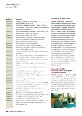 Pag 88 a 95:Anuario MKT 18/04/12 10:55 Página 3




         Las actividades
         de mkt en 2011




                                                                                                           Los almuerzos de la asociación
          FECHA                   ACTIVIDAD
          30/03/2011              I Congreso El Periodista 2.0 – Procom. Madrid                            Un año más, los almuerzos de la Asociación han
          31/03/2011              Asamblea General de Socios. ·El País                                     resultado ser una de las actividades de mayor acogida
          05/04/2011              “Los Encuentros de la Marca RENOVARSE O MORIR. El caso de la             entre los socios y profesionales del sector en general.
                                  marca BIMANÁN”. Fundación Pons. PONENTE: Josep Valls, Managing           Pudimos disfrutar de la compañía de Alfredo Bustillo:
                                  Director de NUTRITION & SANTÉ.                                           Director de Marca y Patrocinio de LA CAIXA, que nos
          12/04/2011              “18 Jornada de Investigación de Mercados. LA INVESTIGACIÓN EN EL         habló de “El Valor del Patrocinio”, destacando que en
                                  MUNDO DIGITAL”. Salón de Actos de REPSOL.                                un contexto de recesión económica como el actual es
          14/04/2011              “Hoy es Marketing en Madrid (ESIC)”. Ifema                               más necesario que nunca saber explicar el auténtico
          27/04/2011              “Almuerzo-coloquio “Ecoimagination”, Club Financiero Génova.             valor que el patrocinio tiene para la empresa. Con
                                  PONENTE: Luis Javier García de Rozas Director Integración y              herramientas creíbles que soporten el retorno de la
                                  Desarrollo Corporativo en GENERAL ELECTRIC                               inversión desde un punto de vista preciso y concreto,
          06/05/2011              Personal Branding & Neuromarketing. Pamplona                             pero sin renunciar jamás al valor de los intangibles, tan
          13/05/2011              Curso de Community Manager y Redes Sociales. Madrid                      próximos a los sentimientos y al impulso de las
          18/05/2011              Café de LIDeres. Hotel Palace. PONENTE: Juan Carlos Alcaide;             personas por asociarse a una determinada marca. Sólo
                                  Director MDS Marketing de Servicios.                                     así conseguiremos que el patrocinio sea tratado como
          19/05/2011              Premios Nacionales de Marketing. La noche del marketing. Hipódromo       una inversión y deje de ser visto, en determinadas
                                  de la Zarzuela.                                                          áreas de nuestras empresas, como un gasto.
          26/05/2011              “La Importancia de la Comunicación entre Juristas y Creativos en la      Así mismo, Raúl Peralba; Presidente de Positioning
                                  Creación y Gestión de la Cartera de Marcas”. Fundación Pons              Systems y Partner-Director en Trout & Partners, nos
          08/06/2011              Community Manager. Riesgos Jurídicos asociados al uso de las Redes       hablo de: “Reposicionamiento: el posicionamiento en
                                  Sociales. Fundación Pons                                                 tiempos de hiper-Competencia, Cambio y Crisis”, tema
          08/06/2011              I Congreso Internacional Marketing On Line. Hotel Melia Avenida          sobre el que se centra su interesante libro
                                  América.                                                                 “Reposicionamiento”.
          09/06/2011              Presentación del Libro “Marketing 3.0”. Centro de Innovación del
                                  BBVA.                                                                    Desayuno de actualidad:
          14/06/2011              Jornada TopTen Social: la Oportunidad de Construir un futuro             El marketing político en el Siglo XXI:
                                  emprendedor consciente y con valores. Colonial Norte                     “Del mitin a la red social”
          21/06/2011              Rueda de prensa presentación ola 9 Índice de Expectativas. Club          En el Club Financiero Génova, y con José Ramón Caso; CEO
                                  Financiero Génova                                                        Ketchum Lenci Public Affairs, se celebró un desayuno de
          28/06/2011              Curso Aspectos Legales del Marketing 2.0. Fundación Pons                 actualidad sobre marketing político organizado por mkt y
          28/06/2011              Field Marketing. Teatro Amaya.                                           Ketchum Pleon. El ponente ofreció las claves del futuro del
          05/07/2011              Presentación de conclusiones Grupos Marca. CaixaForum. PONENTES:         marketing político, centrando su discurso en analizar la
                                  Fernando Moroy, La Caixa; Pedro Aguilar, Carlos Marina; Gonzalo Brujó;   evolución de las estrategias políticas, desde los mítines
                                  Natividad Buceta, y José Carlos Villalvilla, de mkt.                     tradicionales hasta la inclusión de las redes sociales, bajo
          02/09/2011              Mentes & Moda: Ideas sobre cómo aplicar el marketing en las              el telón de fondo de la campaña electoral a los comicios
                                  empresas de moda. Ifema                                                  del 20 N en España.
          14/09/2011              XXIII Congreso Nacional de Marketing AEMARK. Castellón
          16/09/2011              Premios sobre Marcas del XXIII Congreso Nacional de Marketing. Ifema
          22/09/2011              Curso "Protocolo Empresarial y Asesoría de Imagen". BAI
          22/09/2011              Curso "Marketing y Publicidad en Internet". BAI
          28/09/2011              Almuerzo-coloquio “Localizando el marketing”. Buguer King Isla Azul.
                                  PONENTE: Jesús M. Muñoz,Senior Marketing Manager, Spain and
                                  Portugal de Burger King




           90   l l l
                        ANUARIO DEL MARKETING 2012
 