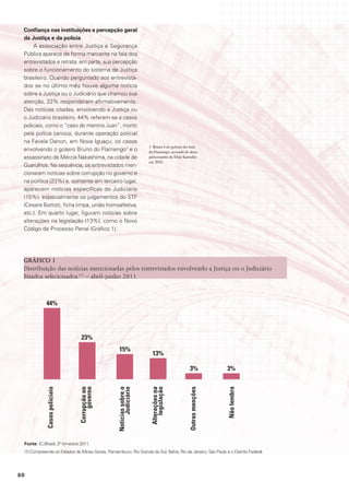 Confiança nas instituições e percepção geral
 da Justiça e da polícia
     A associação entre Justiça e Segurança
 Pública aparece de forma marcante na fala dos
 entrevistados e retrata, em parte, sua percepção
 sobre o funcionamento do sistema de Justiça
 brasileiro. Quando perguntado aos entrevista-
 dos se no último mês houve alguma notícia
 sobre a Justiça ou o Judiciário que chamou sua
 atenção, 22% responderam afirmativamente.
 Das notícias citadas, envolvendo a Justiça ou
 o Judiciário brasileiro, 44% referem-se a casos
 policiais, como o “caso do menino Juan”, morto
 pela polícia carioca, durante operação policial
 na Favela Danon, em Nova Iguaçu; os casos
                                                                      3 Bruno é ex-goleiro do time
 envolvendo o goleiro Bruno do Flamengo3 e o                          do Flamengo, acusado do desa-
 assassinato de Mércia Nakashima, na cidade de                        parecimento de Elisa Samudio
                                                                      em 2010.
 Guarulhos. Na sequência, os entrevistados men-
 cionaram notícias sobre corrupção no governo e
 na política (23%) e, somente em terceiro lugar,
 aparecem notícias específicas do Judiciário
 (15%), especialmente os julgamentos do STF
 (Cesare Battisti, ficha limpa, união homoafetiva,
 etc.). Em quarto lugar, figuram notícias sobre
 alterações na legislação (13%), como o Novo
 Código de Processo Penal (Gráfico 1).




 GráFICo 1
 Distribuição das notícias mencionadas pelos entrevistados envolvendo a Justiça ou o Judiciário
 Estados selecionados (1) – abril-junho 2011



             44%




                                23%
                                                    15%
                                                                        13%

                                                                                              3%              3%
             Casos policiais



                               Corrupção no
                                    governo




                                                   notícias sobre o
                                                         Judiciário



                                                                       alterações na
                                                                          legislação




                                                                                             outras menções




                                                                                                              não lembra




 Fonte: ICJBrasil, 2º trimestre 2011.
 (1) Compreende os Estados de Minas Gerais, Pernambuco, Rio Grande do Sul, Bahia, Rio de Janeiro, São Paulo e o Distrito Federal.




80
 
