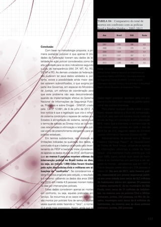 TABELA 04 · Comparativo do total de
mortos em confronto com as polícias
Brasil e Estados Unidos – 2007-2012
Ano

Conclusão
Com base na metodologia proposta, a primeira avaliação possível é que apenas 8 Unidades da Federação tiveram seu dados de letalidade na ação policial considerados como de
alta qualidade para os dois indicadores segundo
o grau de transparência (AM, DF, MT, RJ, RS,
SP, AP e PE). As demais unidades da federação
não puderam ter seus dados validados e, portanto, existe a possibilidade ainda maior destes estarem subnotificados, o que exigiria por
parte dos Governos, em especial do Ministério
da Justiça, um esforço de coordenação para
que este problema não seja desconsiderado
quando da implementação efetiva do Sistema
Nacional de Informações de Segurança Pública, Prisionais e sobre Drogas - SINESP, criado
pela Lei nº 12.681, de 4 de julho de 2012. A
boa notícia é que a legislação que cria o referido sistema condiciona o repasse de verbas aos
Estados à alimentação do sistema, sendo que
o termo de adesão ao Sinesp inclui as ocorrências relacionadas à vitimização e letalidade policial como de preenchimento obrigatório para as
polícias estaduais.
Em termos substantivos, não obstante as
limitações indicadas na qualidade dos dados, a
conclusão é que o balanço alcançado pelo levantamento do FBSP é bastante triste: considerando apenas os dados do ano de 2012, verificamos
que ao menos 5 pessoas morrem vítimas da
intervenção policial no Brasil todos os dias,
ou seja, ao menos 1.890 vidas foram tiradas
pela ação das polícias civis e militares em situações de “confronto”. Se considerarmos a
série histórica proposta pelo estudo, o resultado
é o mesmo: utilizando os dados dos anos 2000
até 2012, em média 4,9 pessoas morrem todos
os dias por intervenções policiais.
Estes dados consideram apenas as mortes
em confronto, ou seja, aquelas praticadas em
serviço. Se incluirmos aí os casos em que civis
são mortos por policiais fora de serviço, muitas
vezes quando estão fazendo o “bico”, o número é ainda mais expressivo. Assim, ainda que os

Brasil

EUA

Razão

2007

1.901

398

4,8

2008

1.729

378

4,6

2009

1.824

414

4,4

2010

2.031

397

5,1

2011

1.803

404

4,5

2012

1.890

410

4,6

Fonte: Secretarias Estaduais de Segurança Pública e
Defesa Social; Sistema Nacional de Estatísticas em
Segurança Pública (SINESPJC) / Secretaria Nacional
de Segurança Pública (SENASP); Criminal Justice
Information Services Division; Annual Firearms Discharge
Report; Fórum Brasileiro de Segurança Pública.

dados sejam precários, apontam para um problema muito sério com relação ao padrão operacional das polícias brasileiras.
Para afastar qualquer dúvida sobre o significado desses dados e a título de comparação,
nos EUA, país com um número muito maior de
armas de fogo em circulação e com população
60% maior que a brasileira, o número total de
civis mortos pelas polícias em todo o ano de
2012 foi de 410, segundo dados do Criminal
Justice Information Services Division do FBI.
Adicionalmente, de acordo com o “Annual
Firearms Discharge Report” do Departamento
de Polícia de Nova Iorque, utilizando-se apenas
as informações referentes à cidade de Nova
Iorque - uma metrópole muito violenta que, nos
anos 1990, logrou reduzir suas taxas de homicídios e se transformou em exemplo a ser seguido no mundo - percebemos que em 1971 a
Polícia daquela cidade atirou em 314 pessoas e
matou 93. No ano de 2011, esta mesma polícia, responsável por prover segurança pública em uma cidade com cerca de 8,2 milhões
de habitantes atirou em apenas 24 pessoas
e matou somente 8. Já no município de São
Paulo, com cerca de 11 milhões de habitantes, no mesmo ano as polícias Civil e Militar
mataram, juntas, 242 pessoas; no Rio de Janeiro, município com cerca de 6 milhões de
habitantes, no mesmo ano as duas polícias
mataram, juntas, 283 pessoas.

127

 