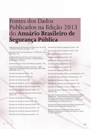 Fontes dos Dados
Publicados na Edição 2013
do Anuário Brasileiro de
Segurança Pública
Departamento de Informática do Sistema Único de Saúde
– DATASUS. Ministério da Saúde – MS.
Departamento Penitenciário Nacional – DEPEN. Ministério
da Justiça – MJ.

Secretaria de Estado se Segurança Pública – AM
Secretaria de Justiça e Segurança Pública – MS
Secretaria de Segurança Pública – BA

Escola de Direito de São Paulo da Fundação Getúlio
Vargas – FGV. Índice de Confiança na Justiça Brasileira ICJBrasil,2012 e 2013.

Secretaria de Segurança Pública – MT

Gerencia de Justiça, Segurança Pública e Cidadania – MA

Secretaria de Segurança Pública – RJ

Instituto Brasileiro de Geografia e Estatística – IBGE.
Pesquisa de Informações Básicas Municipais 2002, 2004,
2006, 2009 e 2012.

Secretaria de Segurança Pública – SE

Secretaria da Segurança Pública – PB

Secretaria de Segurança Pública e da Defesa Social – RN

Secretaria da Segurança Pública – RS

Secretaria de Segurança Pública e Defesa Social – CE

Secretaria de Defesa Social – PE

Secretaria de Segurança Pública e Justiça – GO

Secretaria de Estado da Justiça e Segurança Pública – AP

Secretaria de Segurança, Defesa e Cidadania - RO

Secretaria de Estado da Segurança Pública – RR

Secretaria de Segurança, Justiça e Cidadania - TO

Secretaria de Estado da Segurança Pública – SC

Secretaria do Tesouro Nacional – STN. Ministério da
Fazenda – MF.

Secretaria de Estado da Segurança Pública e defesa
Social – ES
Secretaria de Estado de defesa Social – AL
Secretaria de Estado de Defesa Social – MG
Secretaria de Estado de Segurança Pública – DF
Secretaria de Estado de Segurança Pública – PA
Secretaria de Estado de Segurança Pública- PR
Secretaria de Estado e Segurança pública - AC

Secretaria de Segurança Pública – PI

Secretaria de Segurança Pública – SP

Secretaria Especial dos Direitos Humanos da Presidência
da República – SEDH/PR/Subsecretaria de Promoção
dos Direitos da Criança e do Adolescente - SPDCA.
Levantamento nacional do atendimento socioeducativo
ao adolescente em conflito com a lei.
Secretaria Nacional de Segurança Pública. Pesquisa Perfil
das Instituições de Segurança Pública, 2012.
Secretaria Nacional de Segurança Pública. Sistema
Nacional de Estatísticas em Segurança Pública e Justiça
Criminal – SINESPJC.

135

 