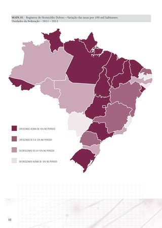 MAPA 01 · Registros de Homicídio Doloso – Variação das taxas por 100 mil habitantes
Unidades da Federação - 2011 - 2012

Crescendo acima de 10% no período

Crescendo de 0 a 10% no período

Decrescendo de 0 a 10% no período

Decrescendo acima de 10% no perodo

32

 