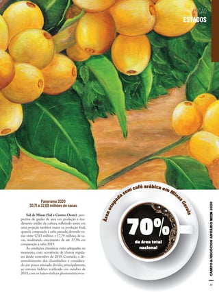 21
70%da área total
nacional
Áreaocupa
da com café arábica em Mina
sGerais
Panorama 2020
30,71 a 32,08 milhões de sacas
Sul de Minas (Sul e Centro-Oeste): pers-
pectiva de ganho de área em produção e ren-
dimento médio da cultura, refletindo assim em
uma projeção também maior na produção final,
quando comparada à safra passada, devendo va-
riar entre 17,03 milhões e 17,79 milhões de sa-
cas, sinalizando crescimento de até 27,3% em
comparação à safra 2019.
As condições climáticas estão adequadas no
momento, com ocorrência de chuvas regula-
res desde novembro de 2019. Contudo, o de-
senvolvimento dos chumbinhos é considera-
do um pouco atrasado devido, principalmente,
ao estresse hídrico verificado em outubro de
2019,com os baixos índices pluviométricos re-
PRODUÇÃO
ESTADOS
 