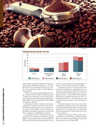 36
1990. Dados da Empresa Brasileira de Pesquisa
Agropecuária (Embrapa) indicam que o setor se-
gue uma taxa de crescimento de 2% ao ano, e esti-
ma-se que a produção chegue aos 208 milhões de
sacas até 2030.
Mesmo com grande popularidade pelo mun-
do, o mercado mundial chegou em 2019 marcando
o segundo ano consecutivo em que a oferta ultra-
passa a demanda. A Organização Internacional do
Café (OIC) estima um superávit de 2,29 milhões
de sacas para o período.
Ainda que esse número indique um estoque en-
calhado, ele nos revela um avanço do setor que ha-
via fechado o período anterior com um excesso ain-
da maior, de 3,29 milhões de sacas. Na prática, a
abundância do produto pressiona os preços para
baixo e prejudica a rentabilidade do mercado.
As variações de oferta e demanda não são no-
vidade, mas um desafio que tem raízes na própria
lógica de funcionamento da economia global. Em
2001, a produção mundial havia atingido um novo
recorde, com 120 milhões de sacas produzidas, en-
quanto o consumo fora de apenas 107 milhões.
A elevação dos preços é um dos motivos mais
comumente atribuídos por especialistas para o re-
cente boom na produção de café. Dois eventos da
década de 1990 contribuíram para este cenário: as
geadas de 1994 e a seca de 1997. Com as lavouras
prejudicadas, a produção foi menor do que o es-
perado naqueles anos e a demanda maior do que
a oferta fez com que houvesse um encarecimento do
produto.
O aumento de preços fez com que os produto-
res voltassem a investir no cultivo do café, elevando
o total da produção. Desde então, uma das maiores
mudanças foi nos estoques, que não diminuíram,
mas foram lentamente se deslocando para os paí-
ses consumidores.
Enquanto na década de 1990 o produto era ar-
mazenado com os produtores, sobretudo no Brasil,
hoje em dia estima-se que 50% dos estoques este-
jam nas mãos dos consumidores.
PRODUÇÃO
MUNDO
Shutterstock
PRODUÇÃO NO ANO CAFEEIRO, POR TIPO
África
Sacas60kg
América Central
& México
Ásia &
Oceania
América
do Sul
90
75
60
45
30
15
0
2018/19 Arábica 2018/19 Robusta 2019/20 Arábica 2019/20 Robusta
 