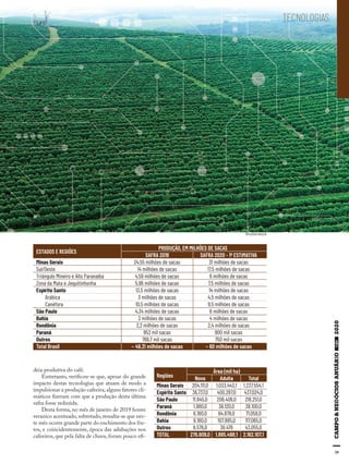 3939
TECNOLOGIAS
Minas Gerais 24,55 milhões de sacas 31 milhões de sacas
Sul/Oeste 14 milhões de sacas 17,5 milhões de sacas
Triângulo Mineiro e Alto Paranaíba 4,59 milhões de sacas 6 milhões de sacas
Zona da Mata e Jequitinhonha 5,96 milhões de sacas 7,5 milhões de sacas
Espírito Santo 13,5 milhões de sacas 14 milhões de sacas
Arábica 3 milhões de sacas 4,5 milhões de sacas
Canéfora 10,5 milhões de sacas 9,5 milhões de sacas
São Paulo 4,34 milhões de sacas 6 milhões de sacas
Bahia 3 milhões de sacas 4 milhões de sacas
Rondônia 2,2 milhões de sacas 2,4 milhões de sacas
Paraná 953 mil sacas 900 mil sacas
Outros 766,7 mil sacas 750 mil sacas
Total Brasil ~ 49,31 milhões de sacas ~ 60 milhões de sacas
ESTADOS E REGIÕES
SAFRA 2019
PRODUÇÃO, EM MILHÕES DE SACAS
SAFRA 2020 - 1ª ESTIMATIVA
Área (mil ha)
Nova Adulta Total
Minas Gerais 204.111,0 1.033.443,1 1.237.554,1
Espírito Santo 36.737,0 400.287,0 437.024,0
São Paulo 11.845,0 206.406,0 218.251,0
Paraná 1.980,0 36.120,0 38.100,0
Rondônia 6.180,0 64.878,0 71.058,0
Bahia 9.180,0 107.885,0 117.065,0
Outros 6.576,0 36.479 43.055,0
TOTAL 276.609,0 1.885.498,1 2.162.107,1
Regiões
deia produtiva do café.
Entretanto, verificou-se que, apesar do grande
impacto destas tecnologias que atuam de modo a
impulsionar a produção cafeeira,alguns fatores cli-
máticos fizeram com que a produção desta última
safra fosse reduzida.
Desta forma, no mês de janeiro de 2019 houve
veranico acentuado, sobretudo, ressalta-se que nes-
te mês ocorre grande parte do enchimento dos fru-
tos, e coincidentemente, época das adubações nos
cafeeiros, que pela falta de chuva, foram pouco efi-
Shutterstock
 