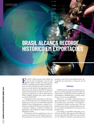 60
BRASIL ALCANÇA RECORDE
HISTÓRICO EM EXPORTAÇÕES
E
m 2019, o Brasil exportou 40,6 milhões de
sacas de café, considerando a soma de café
verde, solúvel e torrado & moído, segundo
relatório consolidado pelo Conselho dos Exporta-
dores de Café do Brasil (Cecafé). O dado repre-
senta um recorde histórico das exportações do pro-
duto,assim como aumento de 13,9% em relação ao
volume total exportado em 2018. A receita cam-
bial com as exportações de café em 2019 alcançou
US$ 5,1 bilhões, enquanto que o preço médio da
saca foi de US$ 125,49.
A performance das exportações de café brasi-
leiro em 2019 apresentou um resultado dentro do
previsto para o ano, com o recorde histórico de 40,6
milhões de sacas embarcadas para o mundo. Os re-
sultados ao longo de 2019 foram,sem dúvidas,mui-
to positivos e refletem a excelência e eficiência do
agronegócio café do Brasil em atender à demanda
global pelo produto.
É importante observar também que, entre os
maiores consumidores de café brasileiro, quase to-
dos apresentaram um aumento substancial nas im-
portações, o que foi de suma relevância para o de-
sempenho das exportações ao longo do ano de
2019.
Liderança
O Brasil mantém sua posição de liderança mun-
dial e é um país protagonista na oferta de cafés sus-
tentáveis para o mundo,oferecendo um produto com
total segurança e qualidade,graças a sua alta compe-
tência e ao foco na sustentabilidade.
Observa-se um quadro importantíssimo de
países importadores – no ano passado foram 128 pa-
íses parceiros que consumiram o café brasileiro –
e é importante salientar também que o País está
preparado para atender a demanda global crescen-
te, com grande possibilidade de incremento nos
próximos anos.
Com relação às variedades embarcadas, no to-
tal do ano de 2019 o País exportou 36,6 milhões de
sacas de café verde (32,6 milhões de sacas de arábi-
ca e 3,9 milhões de robusta), o que representa um
EXPORTAÇÃO
 