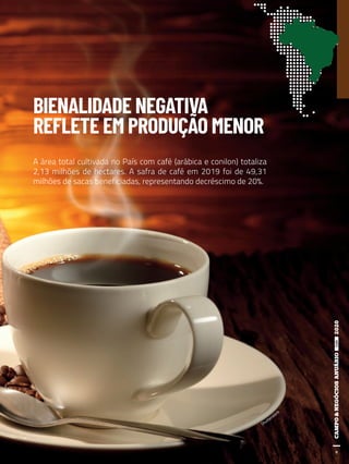 9
BIENALIDADE NEGATIVA
REFLETE EM PRODUÇÃO MENOR
A área total cultivada no País com café (arábica e conilon) totaliza
2,13 milhões de hectares. A safra de café em 2019 foi de 49,31
milhões de sacas beneficiadas, representando decréscimo de 20%.
9
Shutterstoc
k
 