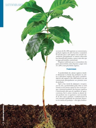 9696
SUSTENTABILIDADE
96
em torno de 20 a 30% superiores ao convencional, a
produção orgânica de café é lucrativa e sustentável.
O mercado para o café orgânico tem crescido sen-
sivelmente, principalmente no exterior, oferecendo
boa demanda pelo produto, e preços mais altos que
os pagos pelo produto convencional.
Pesquisas confirmam que os consumidores dos
países desenvolvidos estão dispostos a pagar entre
15 e 20% a mais pela bebida orgânica.
Produtividade
A produtividade dos cafezais orgânicos interfe-
re diretamente na decisão dos produtores em ado-
tar a cafeicultura orgânica. Em geral, a produtivi-
dade do café orgânico é 20 a 30% inferior à do café
convencional, principalmente nos primeiros anos
de produção.
Após a fase inicial de adaptação e recupera-
ção do solo, a produtividade pode voltar ao nível
normal, ou até mesmo superá-lo. Isso ocorre por-
que o potencial produtivo das lavouras orgânicas
é determinado pelo grau de equilíbrio do agroe-
cossistema. Isto é, nesses sistemas as plantas de-
vem produzir sem se esgotarem e sem necessida-
de de altos inputs, mediante o estabelecimento de
uma interação equilibrada dos principais elemen-
tos do sistema de produção – solo, água, biodiver-
 